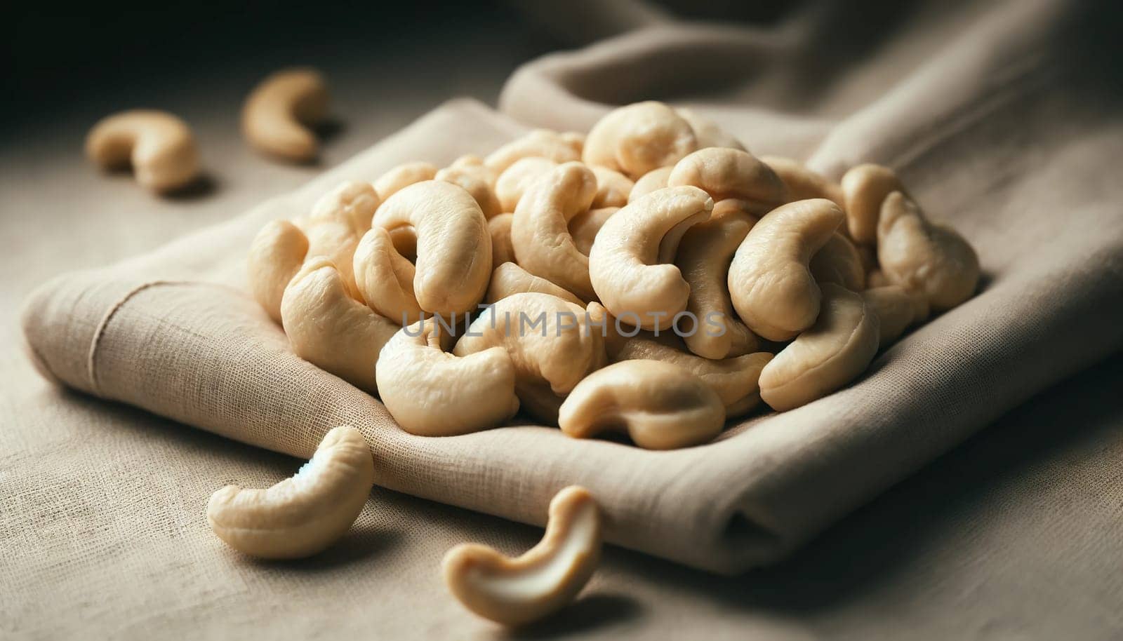 Shelled cashews close-up on a linen towel.