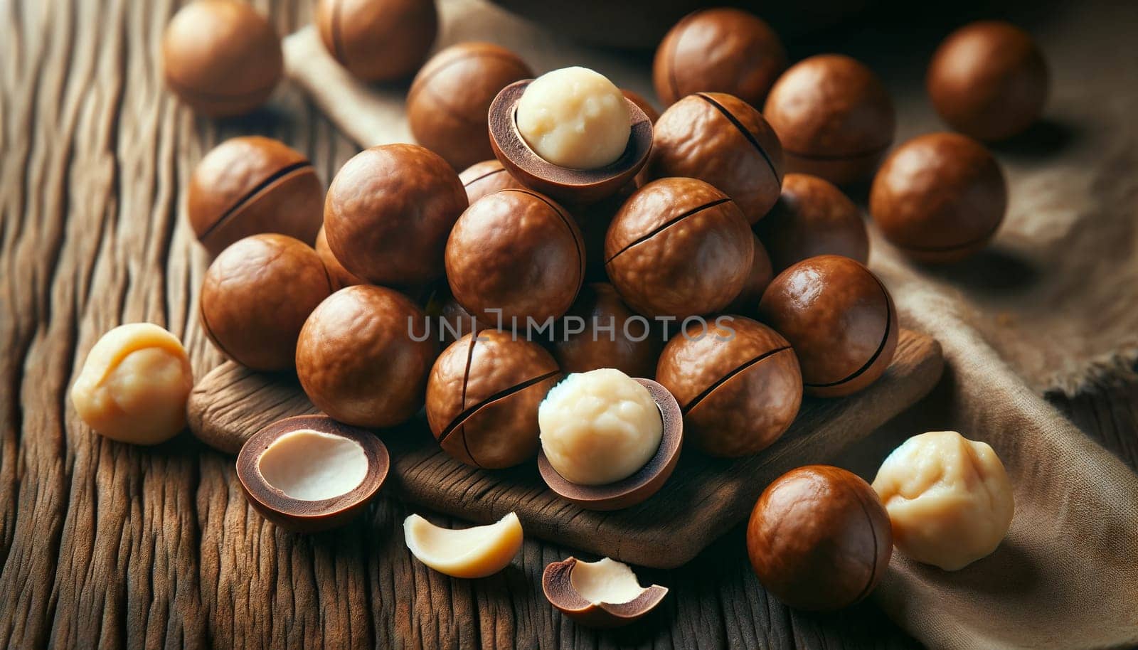 Macadamia nuts closeup on wooden table by Annado