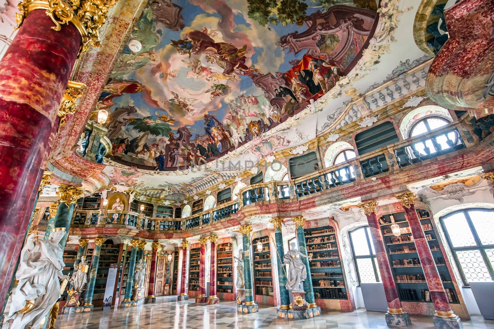 WIBLINGEN, BAVARIA, GERMANY, JUNE 08, 2022 : Rococo and baroque decors of the library in Wiblingen abbey, near Ulm city, by architects Christian and Johann Wiedemann, 18th century