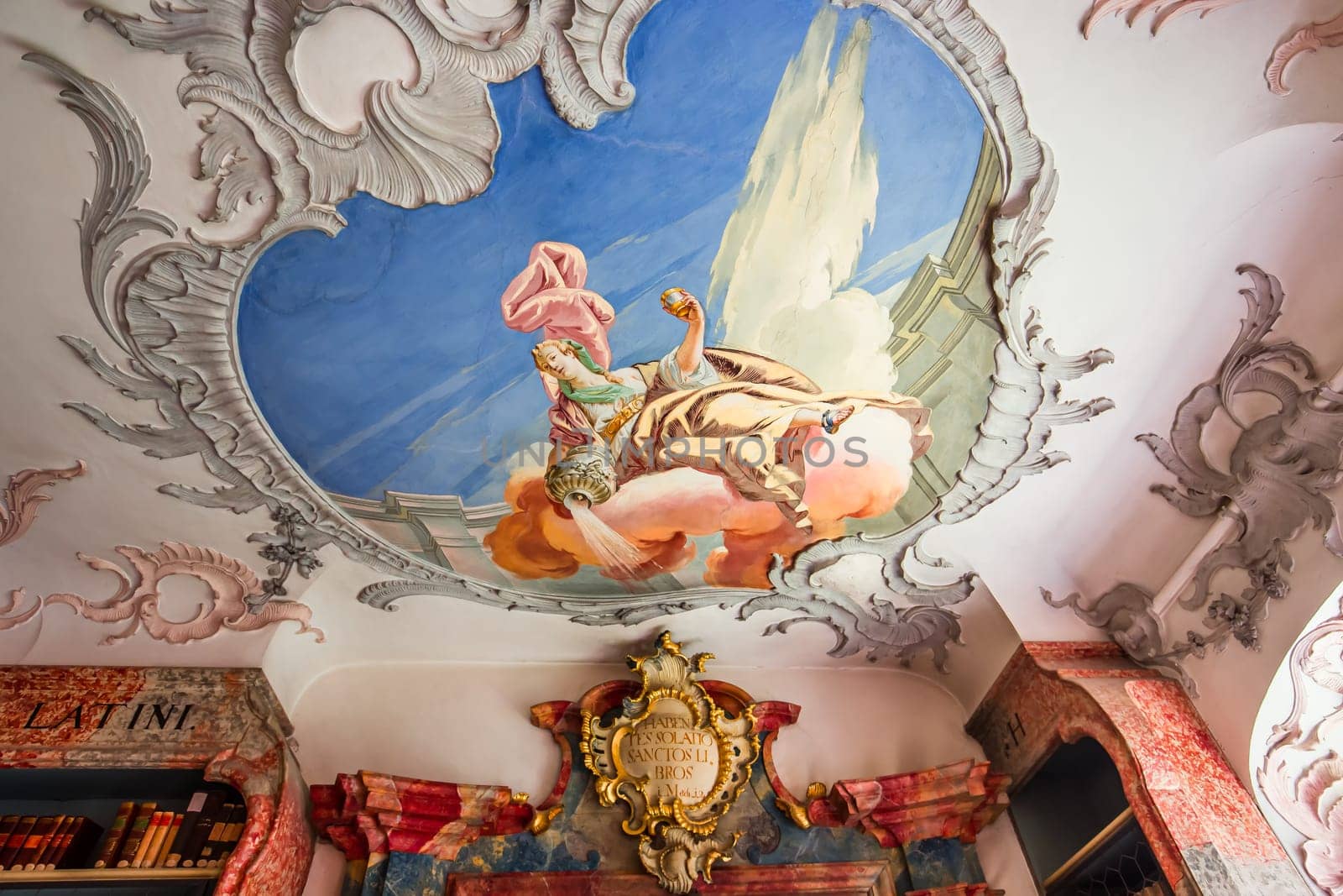 WIBLINGEN, BAVARIA, GERMANY, JUNE 08, 2022 : Rococo and baroque decors of the library in Wiblingen abbey, near Ulm city, by architects Christian and Johann Wiedemann, 18th century