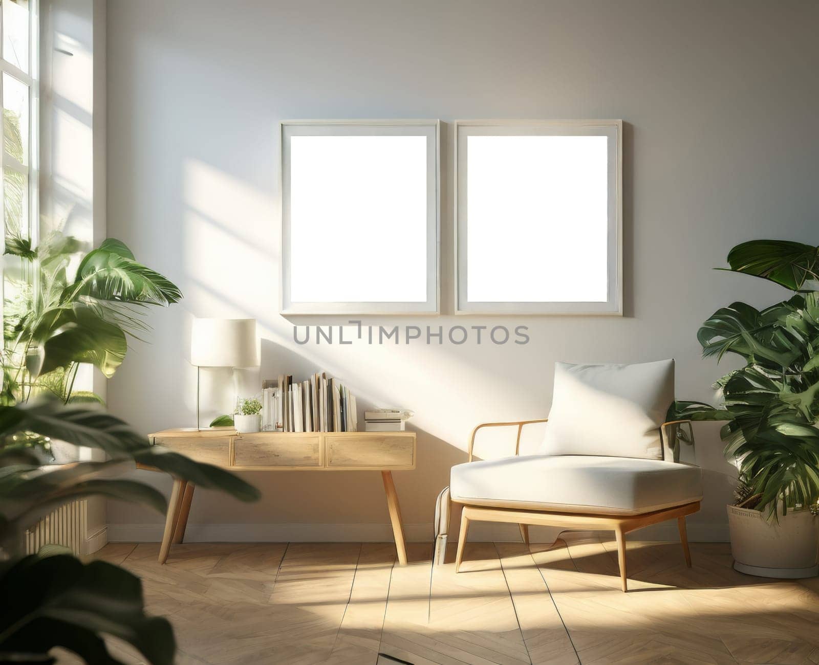 Mock up two picture frame in living room interior with urban jungle. Modern arm chair in room with green plants. Scandinavian and boho style room interior with many natural potted plants