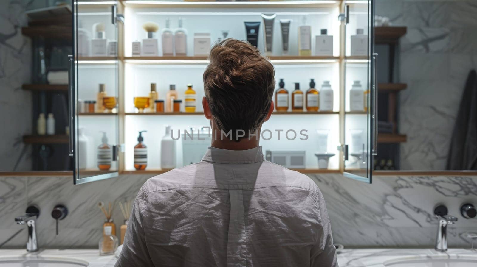A man is looking at a shelf full of toiletries. Concept of curiosity and contemplation as the man examines the various products on the shelf