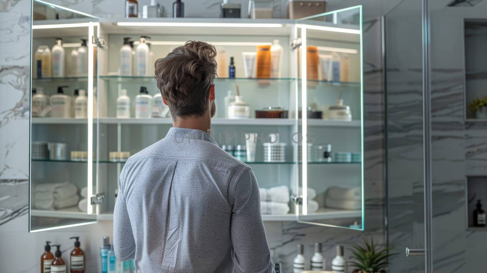 A man is standing in front of a bathroom cabinet with many bottles and bottles of lotion. The man is looking at the bottles and seems to be contemplating which one to use