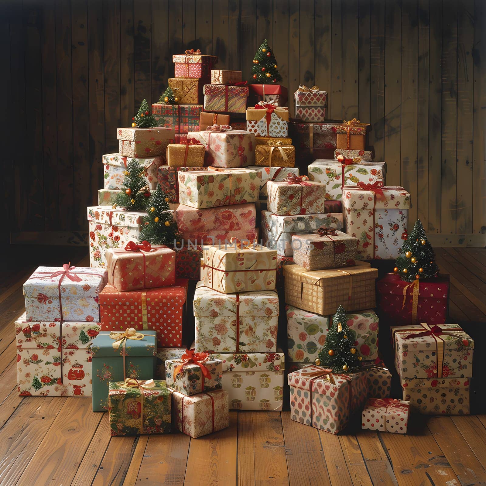 A pile of Christmas gifts on a hardwood floor, ready for the holiday event by Nadtochiy