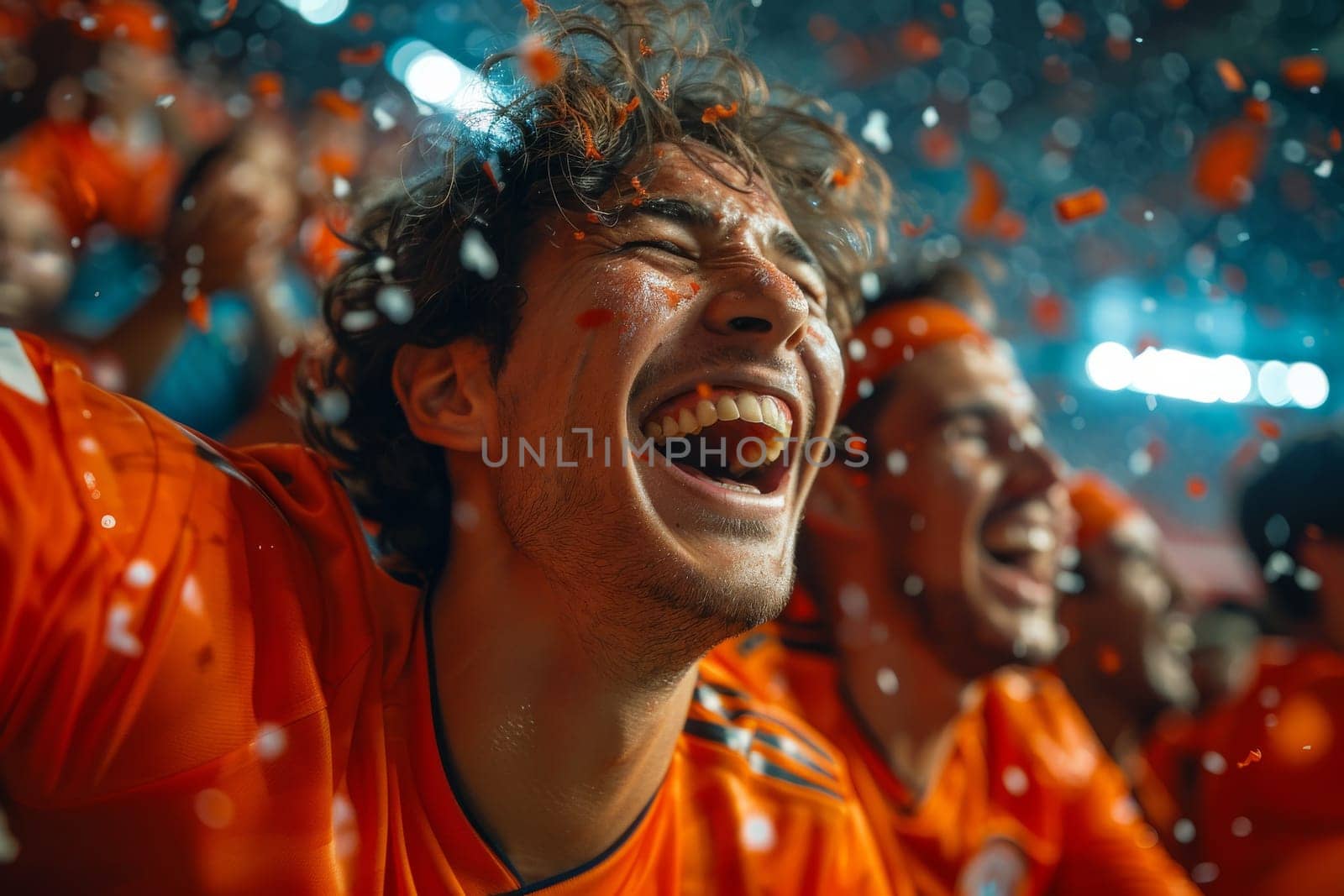 A man in an orange shirt is laughing and surrounded by other people. Scene is joyful and celebratory