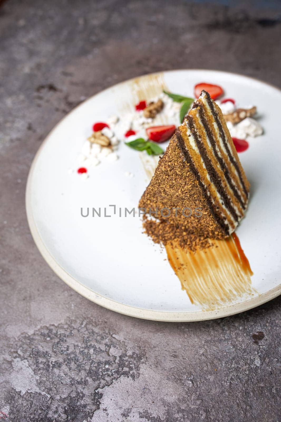 honey cake on a white plate photo for the menu by Pukhovskiy