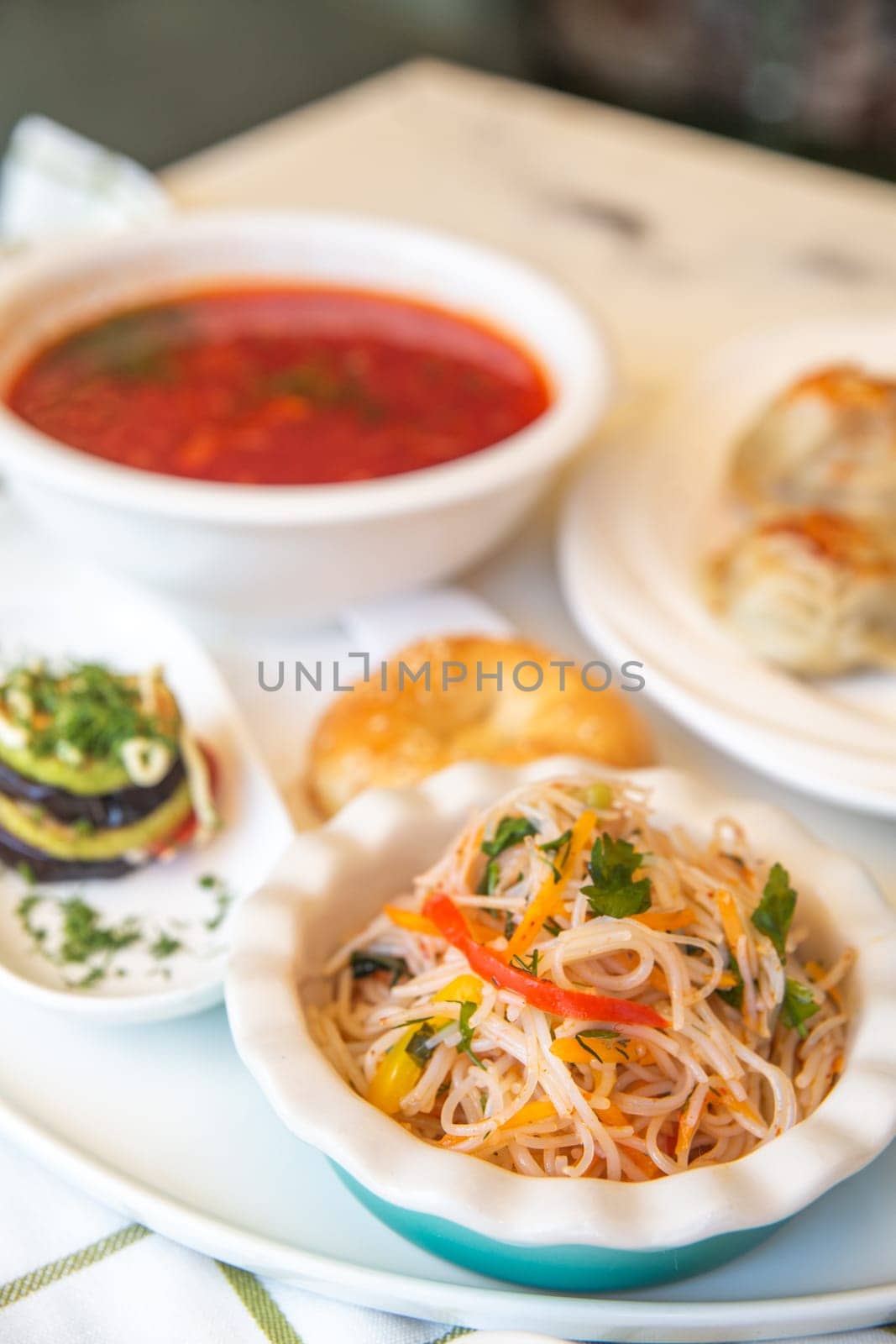 delicious business lunch on the table on a white background by Pukhovskiy