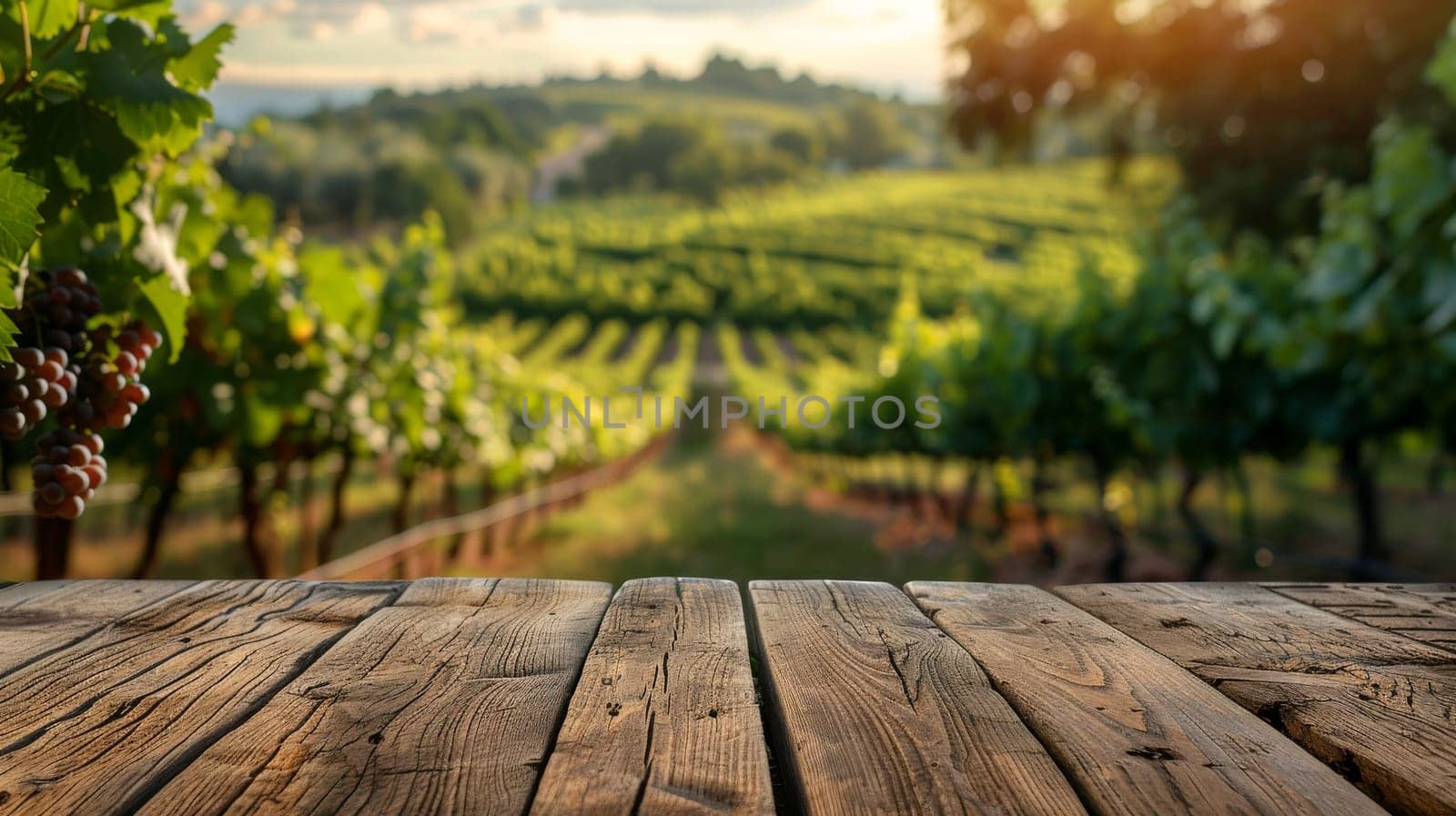A vineyard with a wooden table in the foreground. The table is surrounded by vines and has a view of the vineyard. Scene is peaceful and serene, with the natural beauty of the vineyard