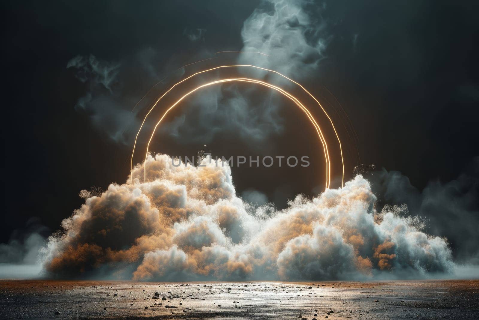 A large cloud of smoke is hovering over a body of water. The smoke is orange and yellow, creating a warm and inviting atmosphere. The scene is both beautiful and mysterious, with the smoke swirling