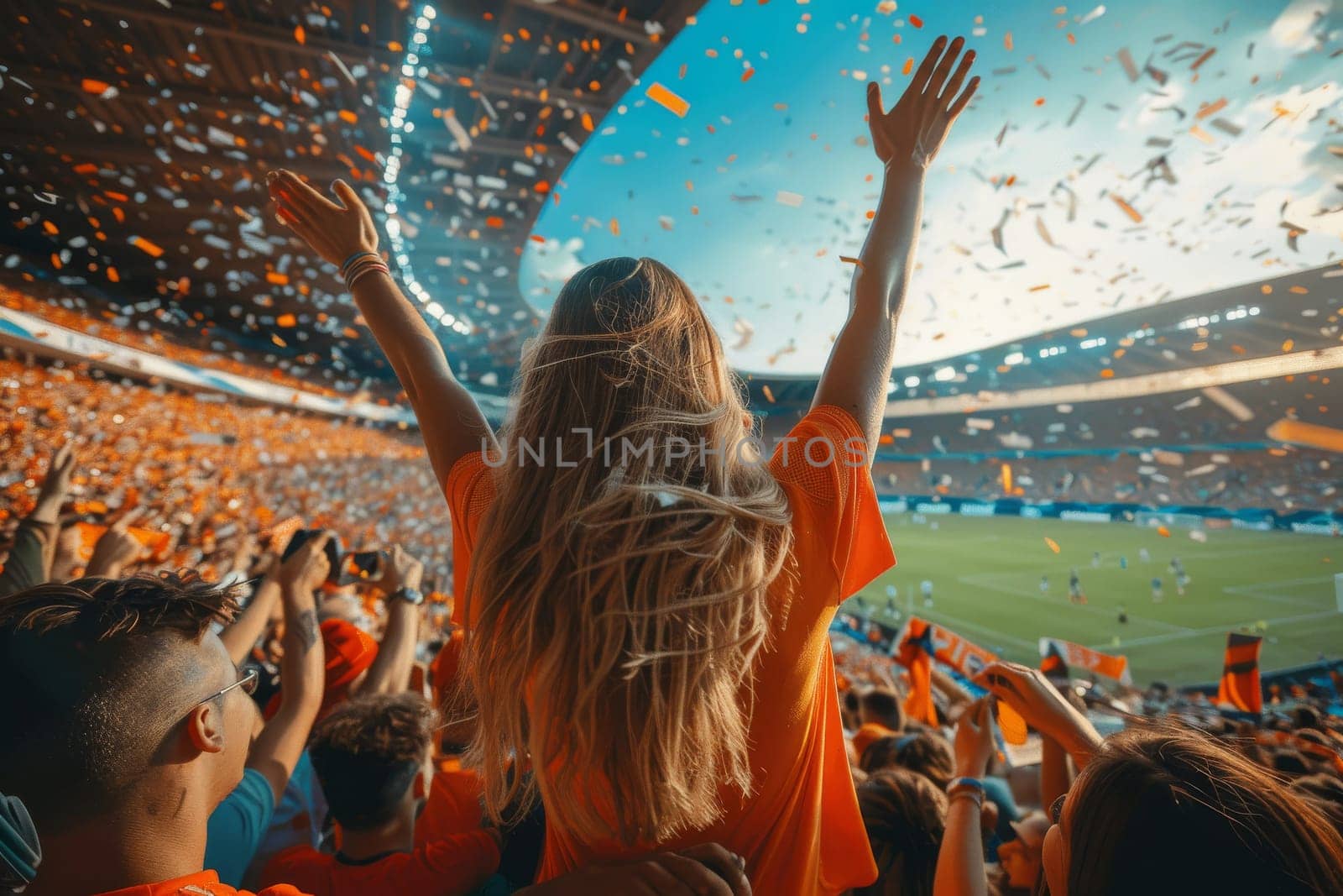 A woman is standing in a stadium with a crowd of people around her. She is holding her hands up in the air, and there are confetti falling around her. Scene is celebratory and joyful, as the woman
