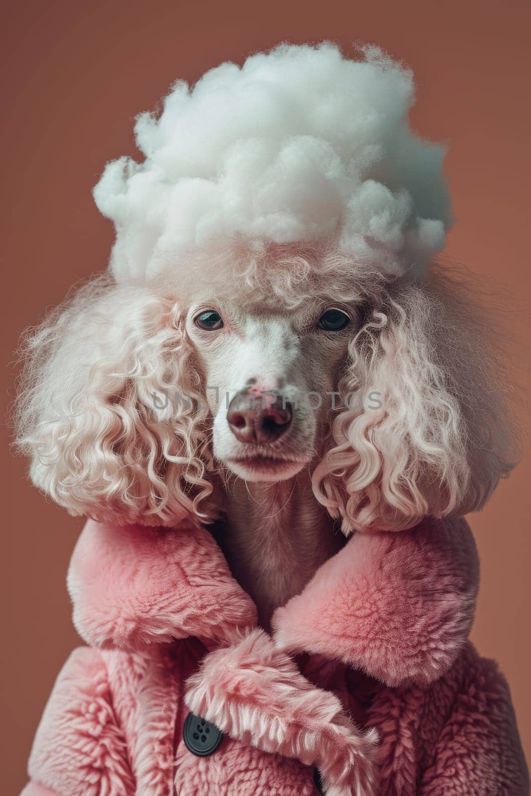 A poodle with a pink coat and a white fluffy cloud on its head.