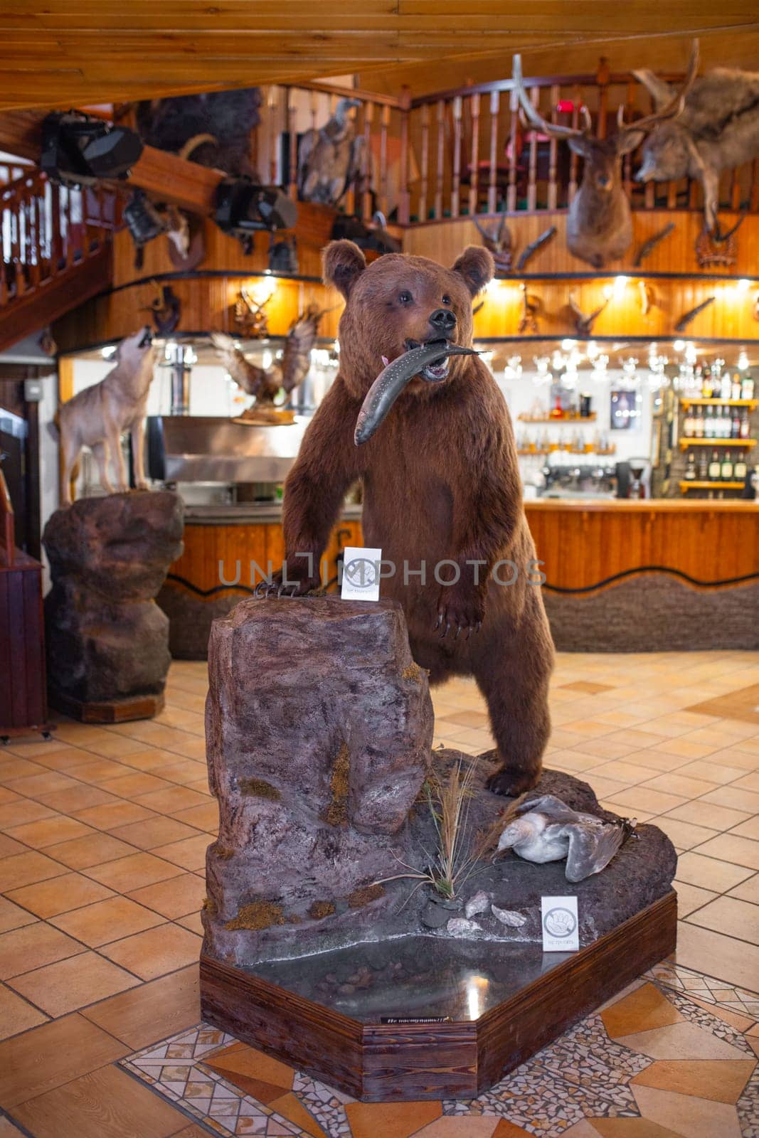 Stuffed brown bear with fish in mouth in cozy lodge with wood walls and fireplace. Wildlife decor theme adds charm to setting.