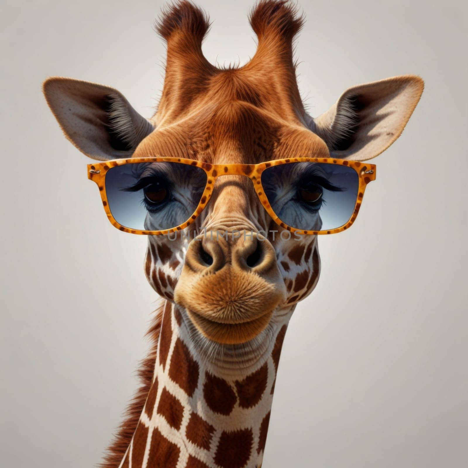 Portrait of a cheerful giraffe in sunglasses. A concept to convey joy and levity. Generative AI