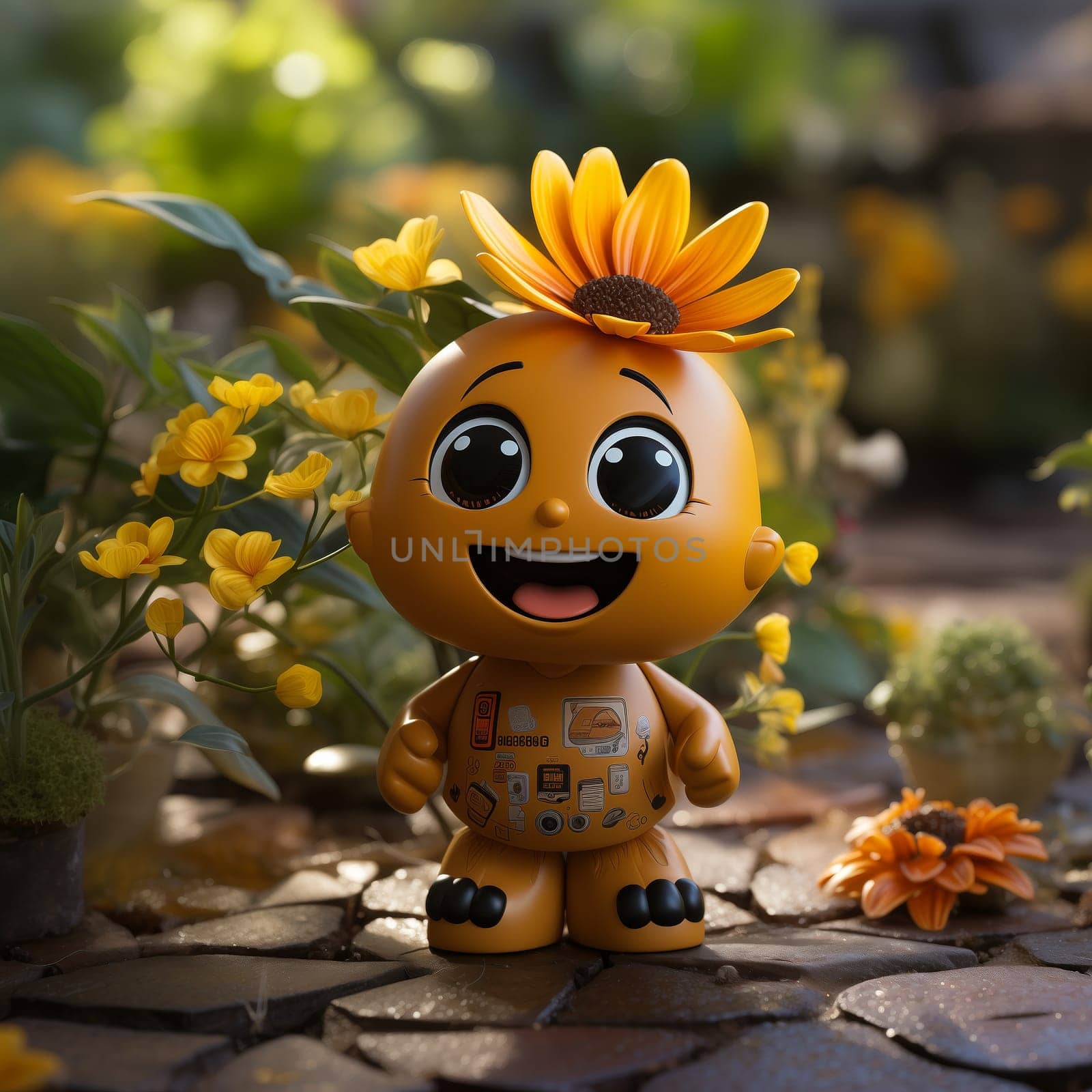 Illustration of a toy doll decorated with a flower. Selective focus.