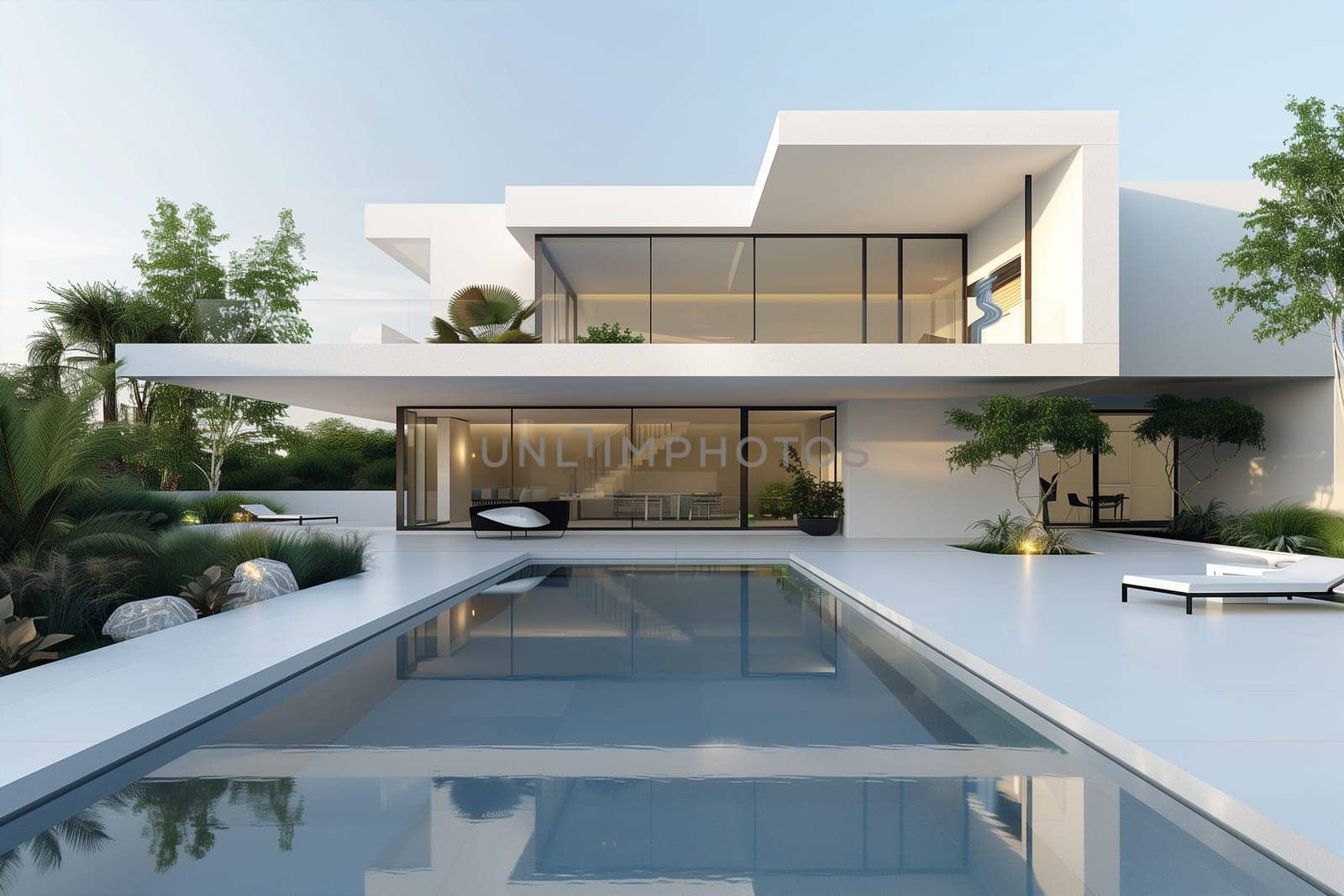 A modern house with a pool in front of it on a sunny day.