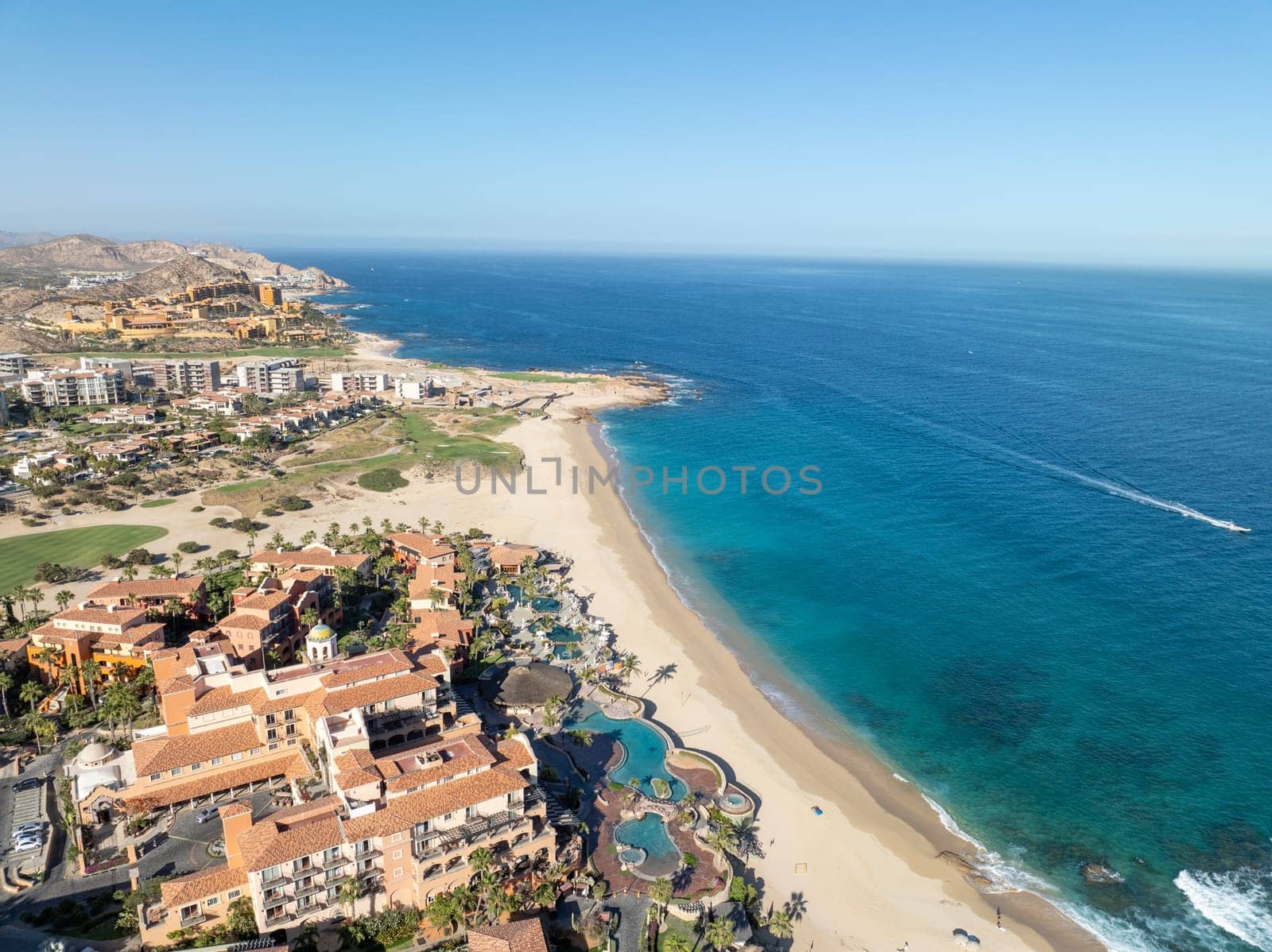 Aerial view of tropical beach with resorts in Cabo San Jose, Baja California Sur, Mexico