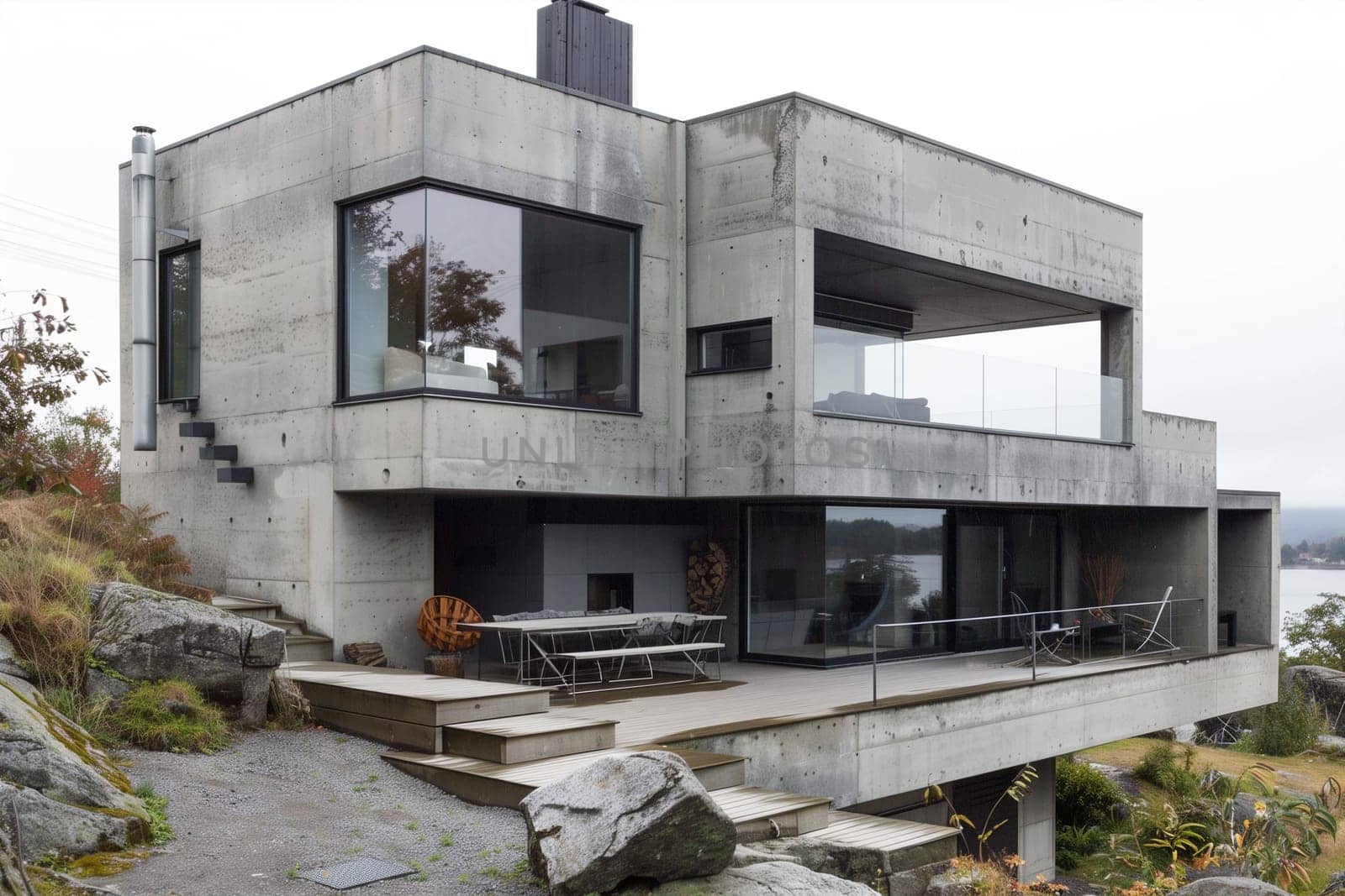 A concrete house sits on a hill, offering views of a body of water below. The house overlooks the tranquil waters, creating a picturesque scene.