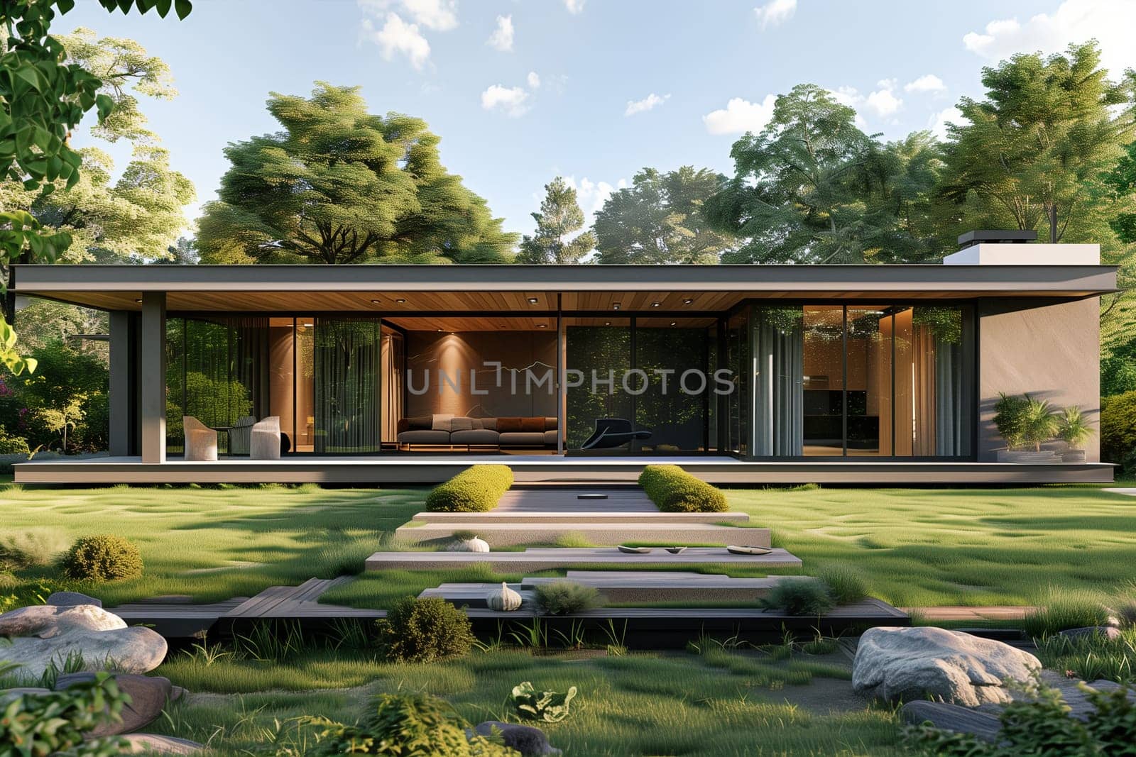 A single house stands in the center of a vibrant green field, surrounded by natures beauty.
