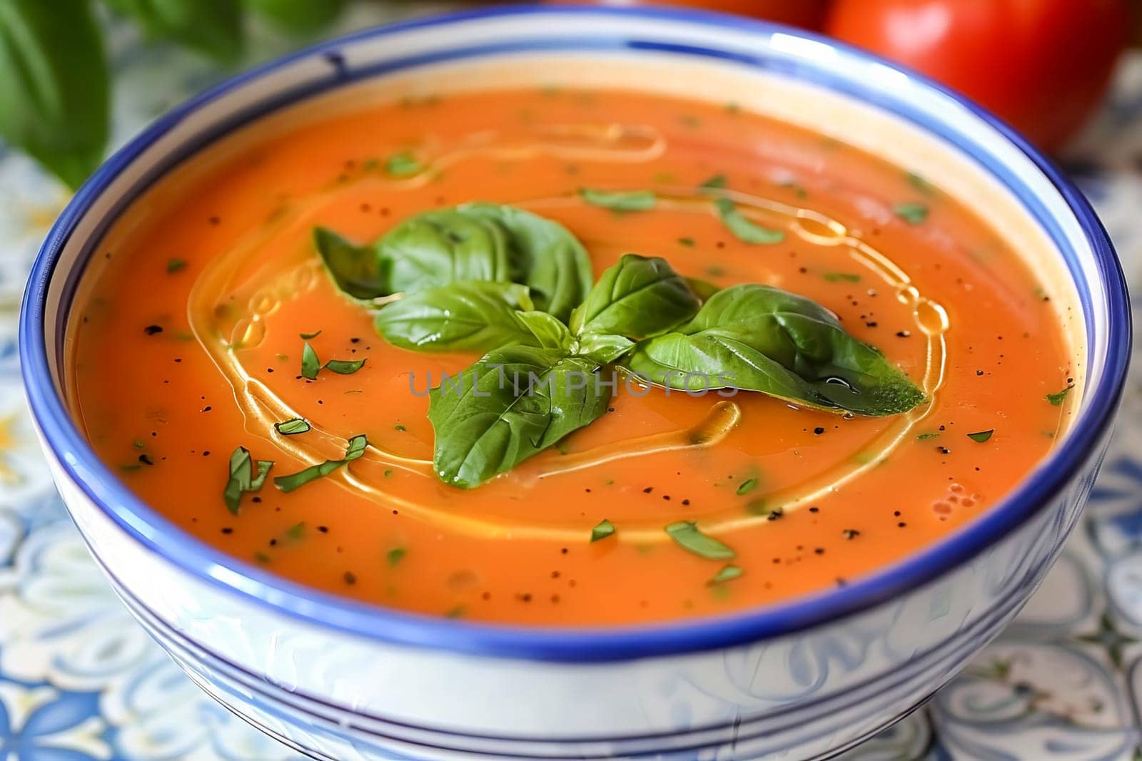 Spanish cold summer tomato soup gazpacho in a bowl with basil, on a white and blue tile surface. Healthy summer food.