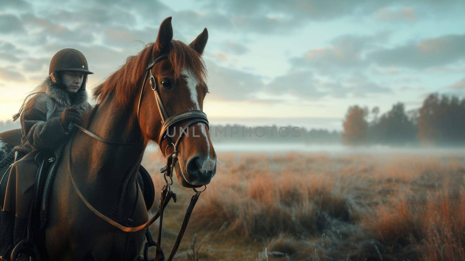 The picture of the cowboy or horse trainer with the horse that has been surrounded with wild nature under the sun at the dawn or dusk time, horse trainer require handling skills and technique. AIG43.
