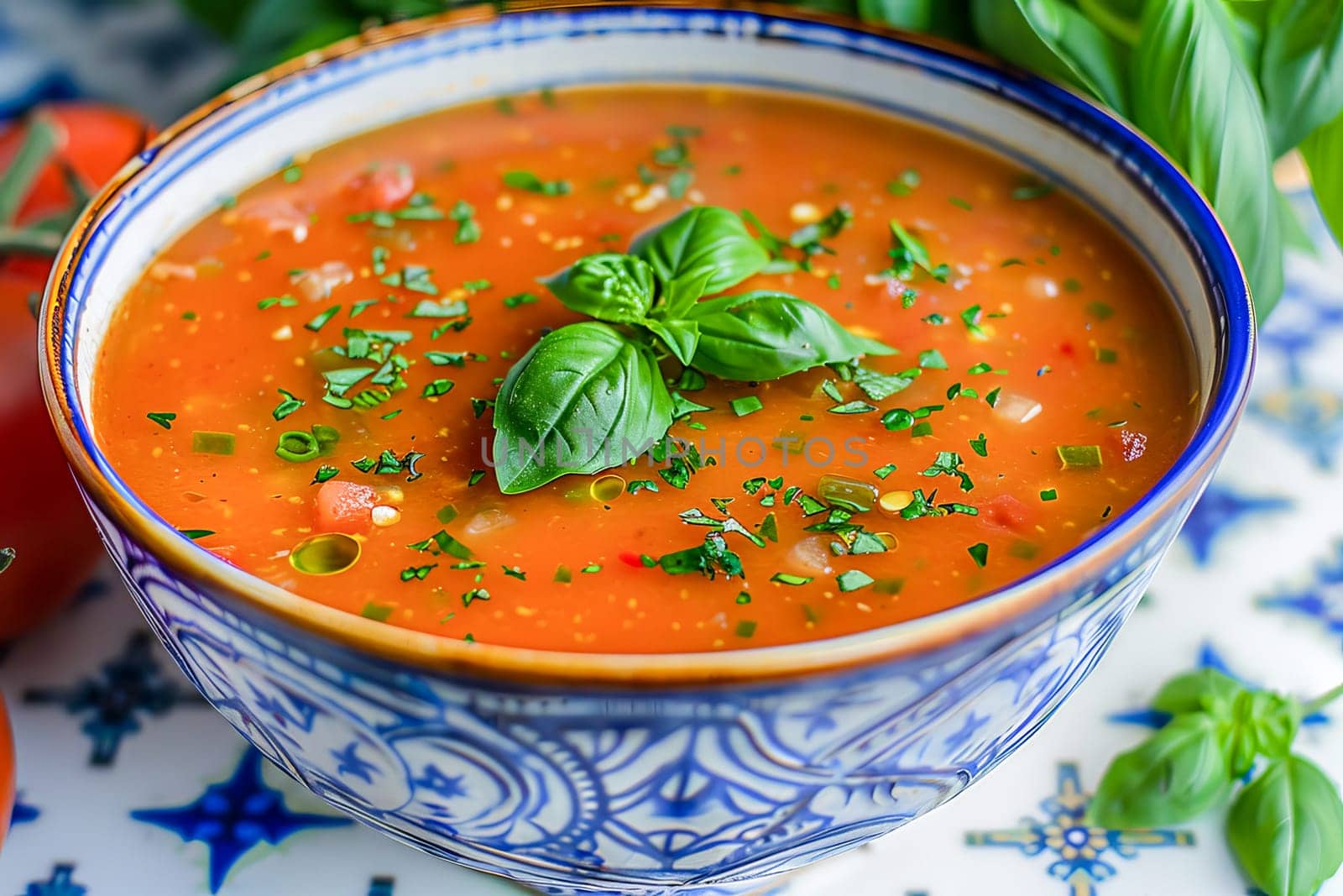 Spanish cold summer tomato soup gazpacho in a bowl with basil, on a white and blue tile surface. Healthy summer food.