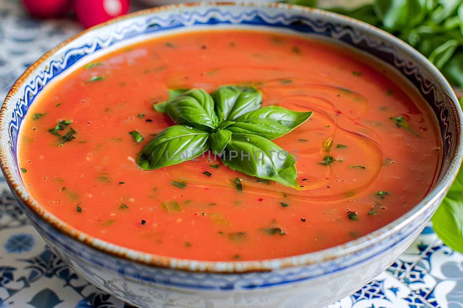 Spanish cold summer tomato soup gazpacho in a bowl with basil, on a white and blue tile surface. Healthy summer food.