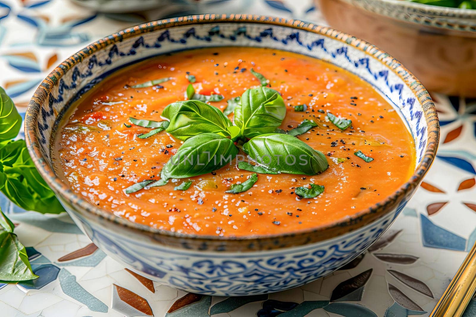 Spanish cold summer tomato soup gazpacho in a bowl with basil, on a white and blue tile surface. Healthy summer food.