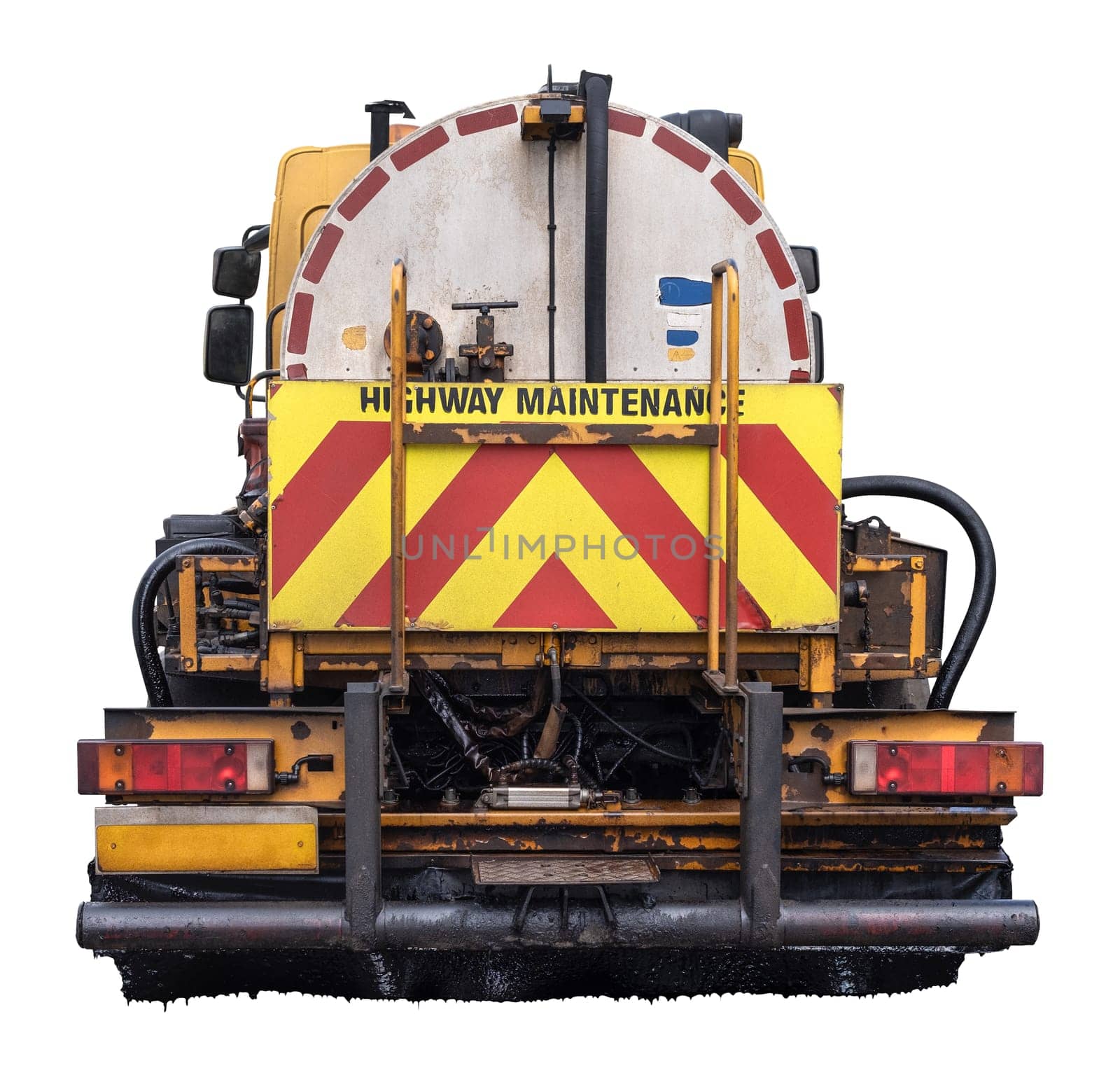 A Grungy Highway Maintenance Truck For Tarmac Surfacing, Isolated On A White Background