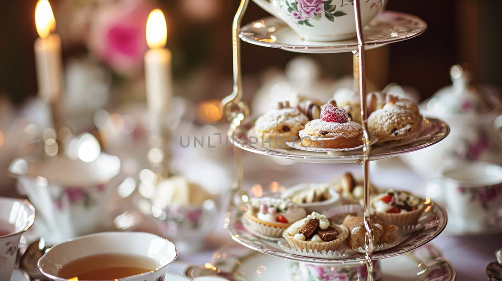 Elegant table setting for tea party with cakes and cupcakes in English manor. Vintage style. by Olayola