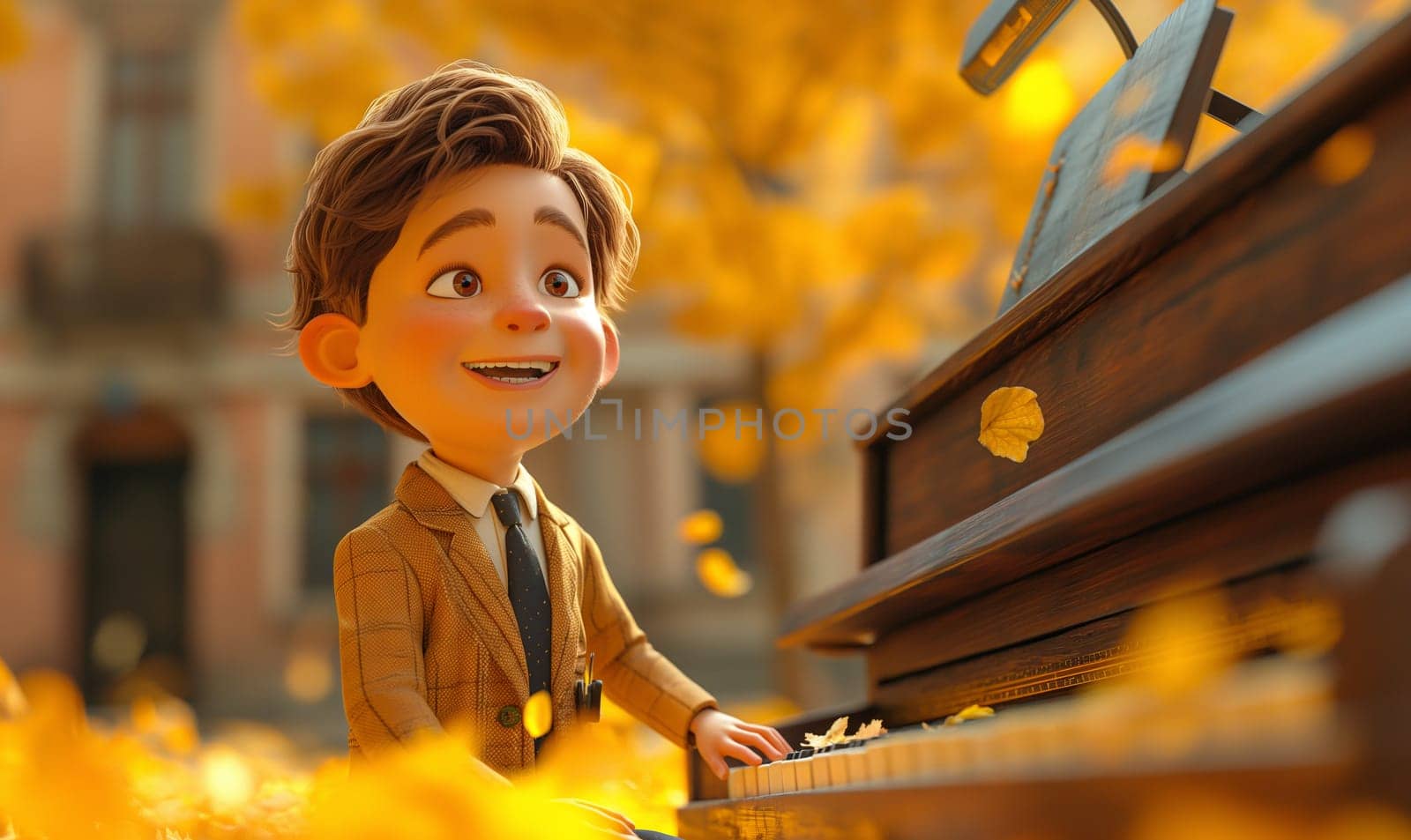 Cartoon, boy energetically playing the piano. Selective focus.