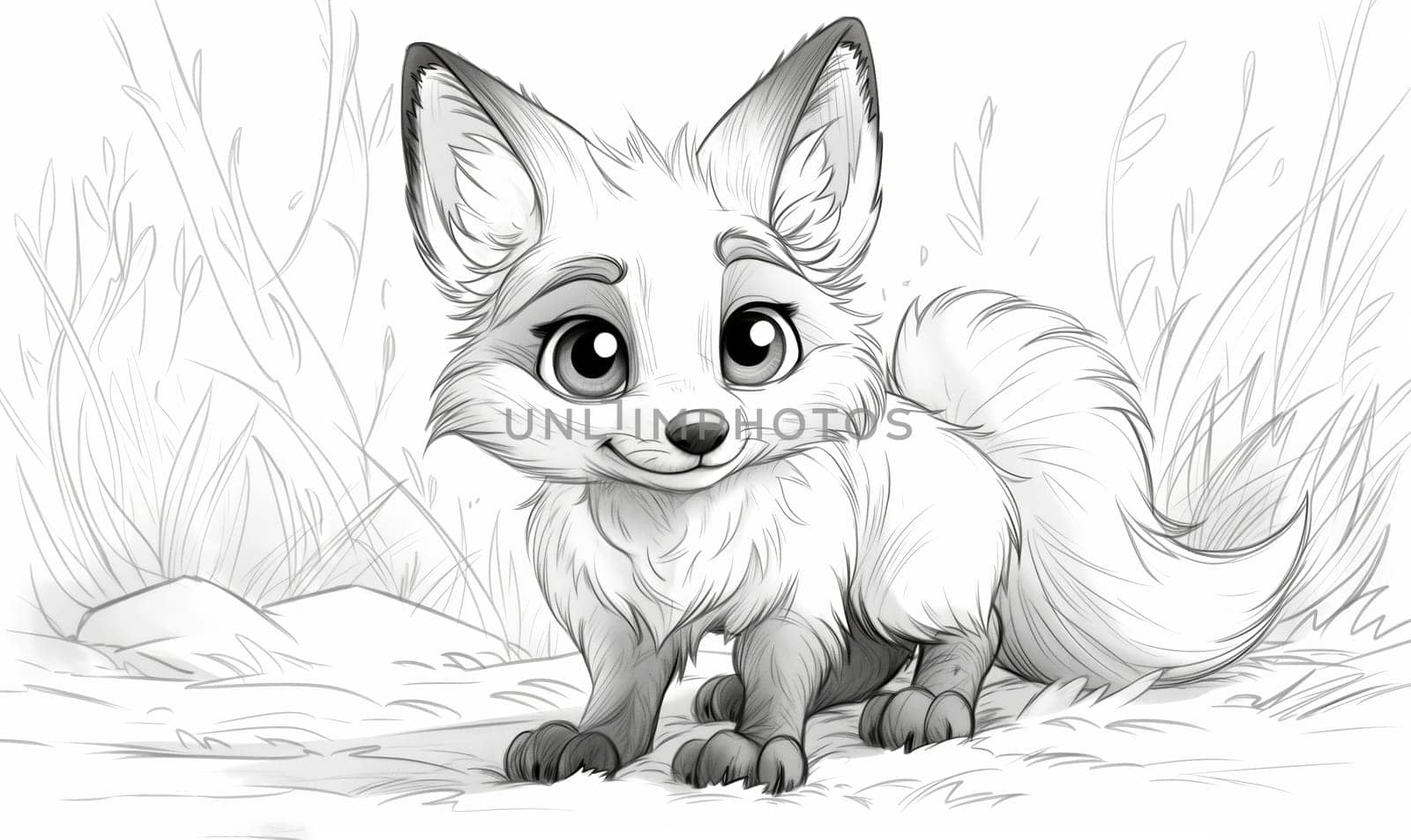 Black and white illustration for coloring animals, fox. Selective soft focus.