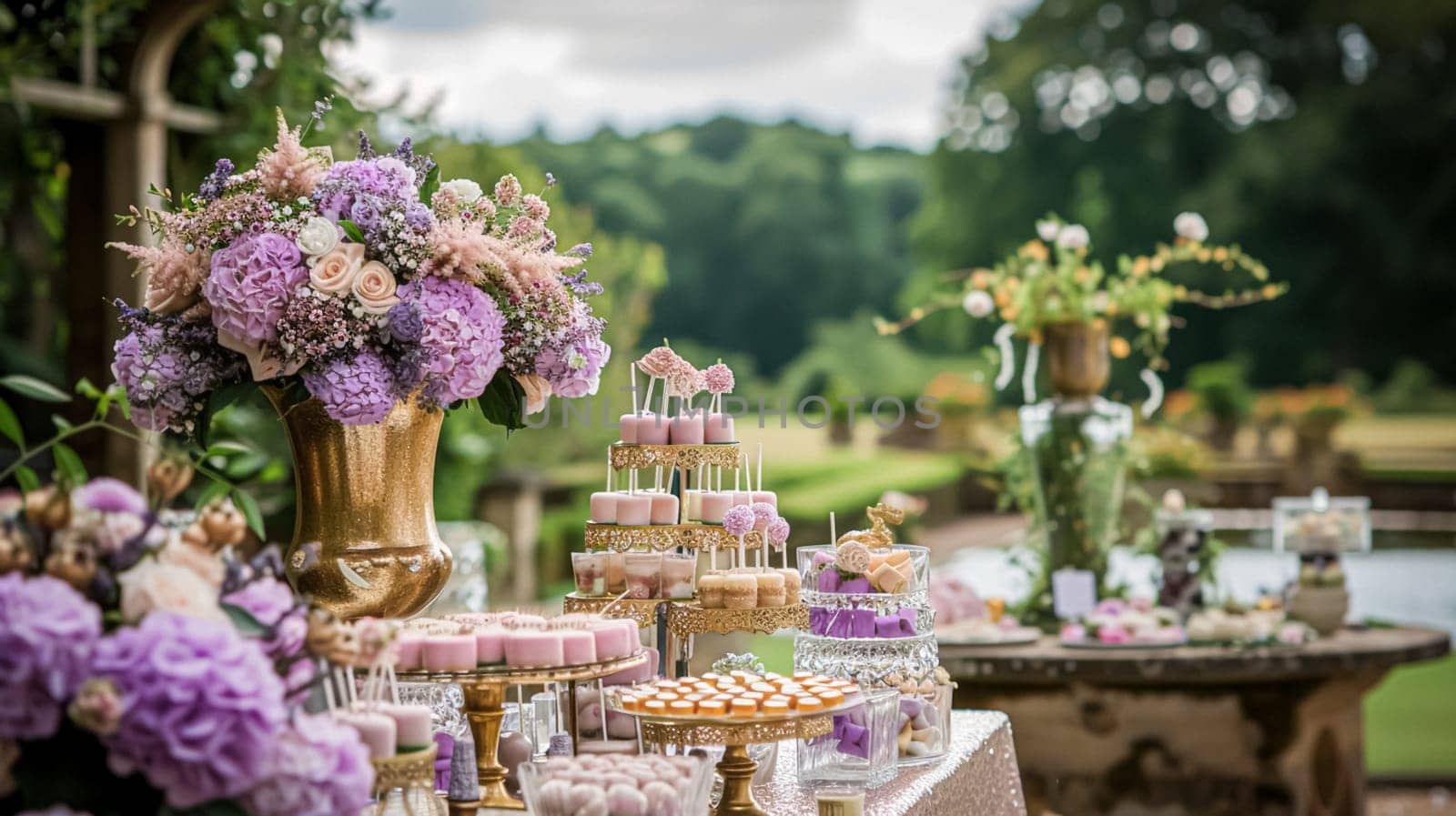 Wedding table decoration with lavender flowers, sweets, cake and candles