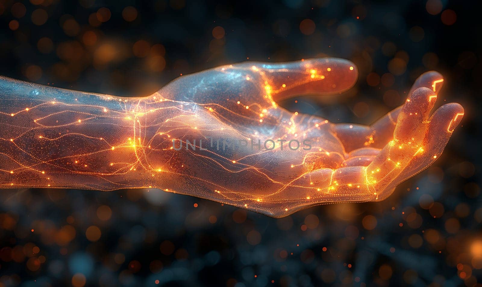 A human hand glowing from within on a dark background. Selective soft focus.