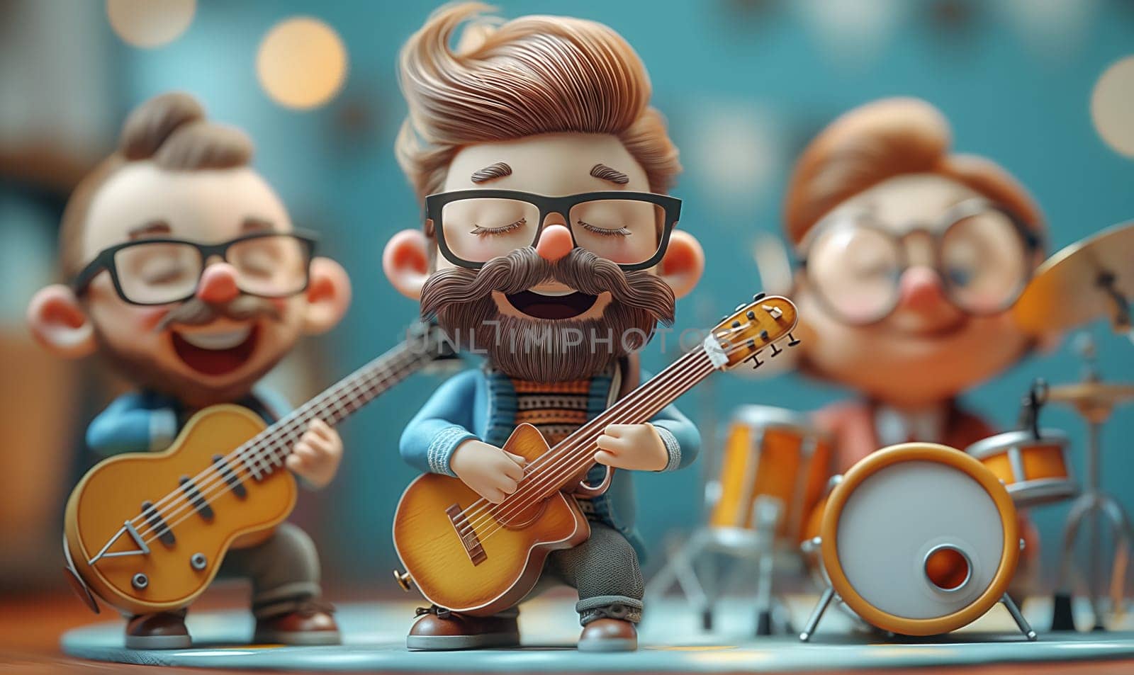 Animated musicians play different musical instruments. Selective focus.