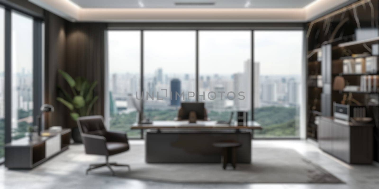 A softly blurred image of a high-rise office with a panoramic city view during dusk, showcasing the glow of a setting sun against skyscrapers. Resplendent.