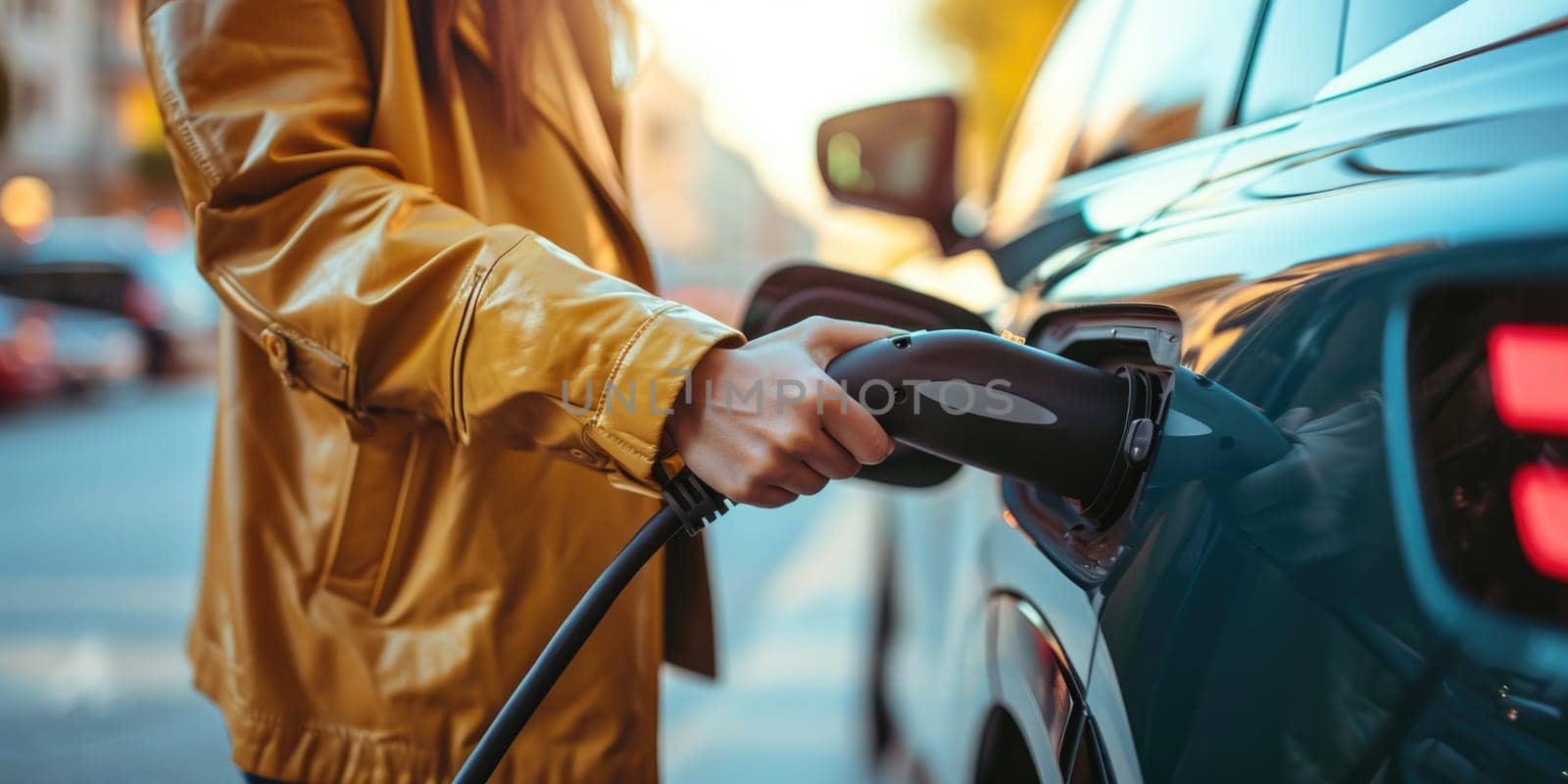 A picture about the electric vehicle that has been charging at the charging station and has been connected with the charger that has been connecting to the electric vehicle to become new tech. AIGX01.