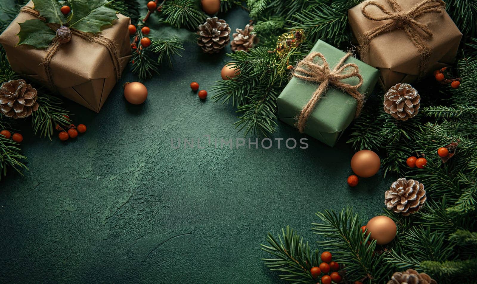 Festive decor and gifts on a green background. Selective focus.