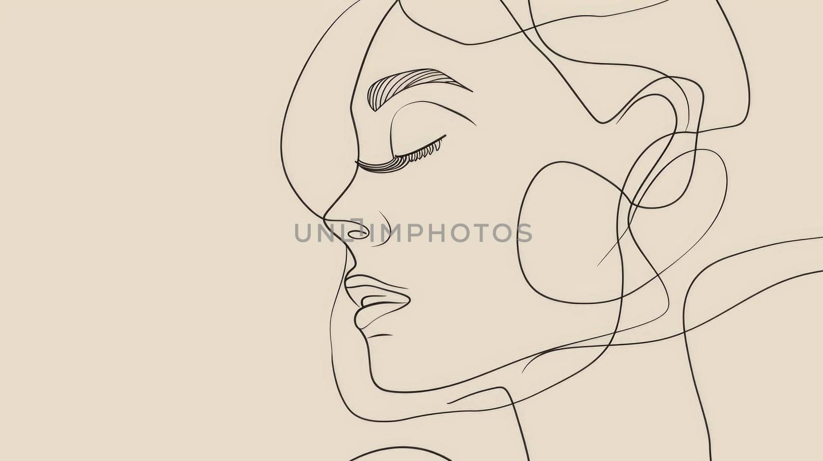 A portrait of young beautiful woman with background. Fashionable lady face with elegance lips with retro colors. Drawing minimalist line art concept. Represented with feminism, beauty, power. AIG42.