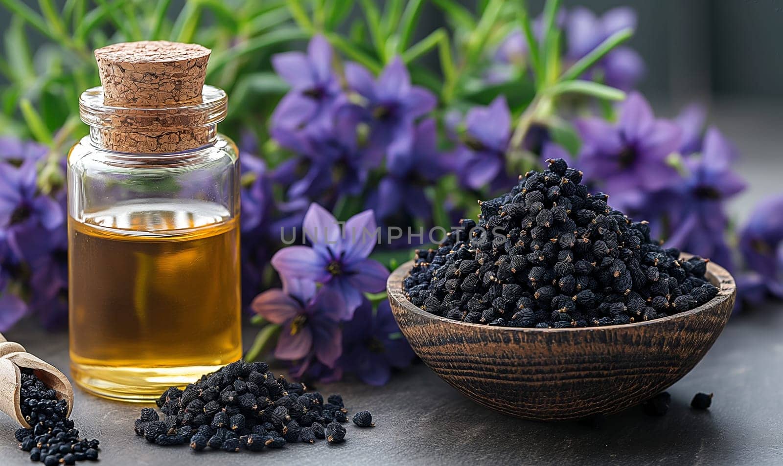 Wooden bowl filled with black seeds next to blue flowers. Selective soft focus.