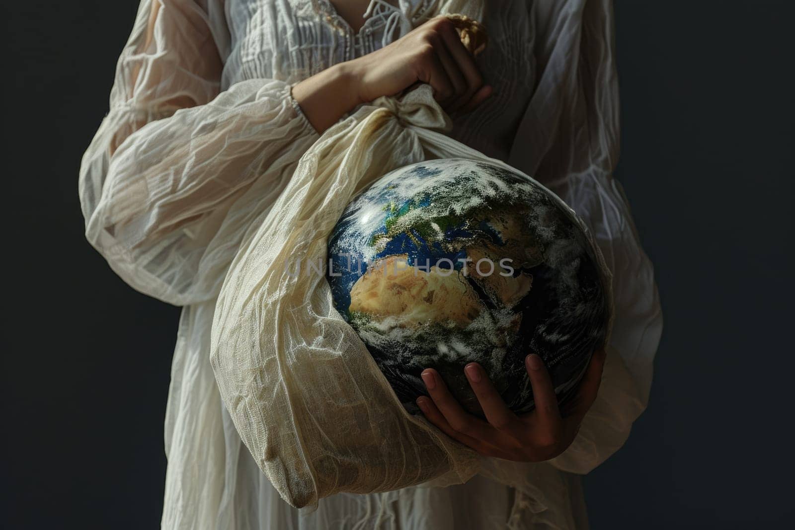 The picture of the person that has been holding the earth globe that come with the plastic bag that can stand for multiple meaning like protect the earth or keep the earth from plastic bag. AIGX01.