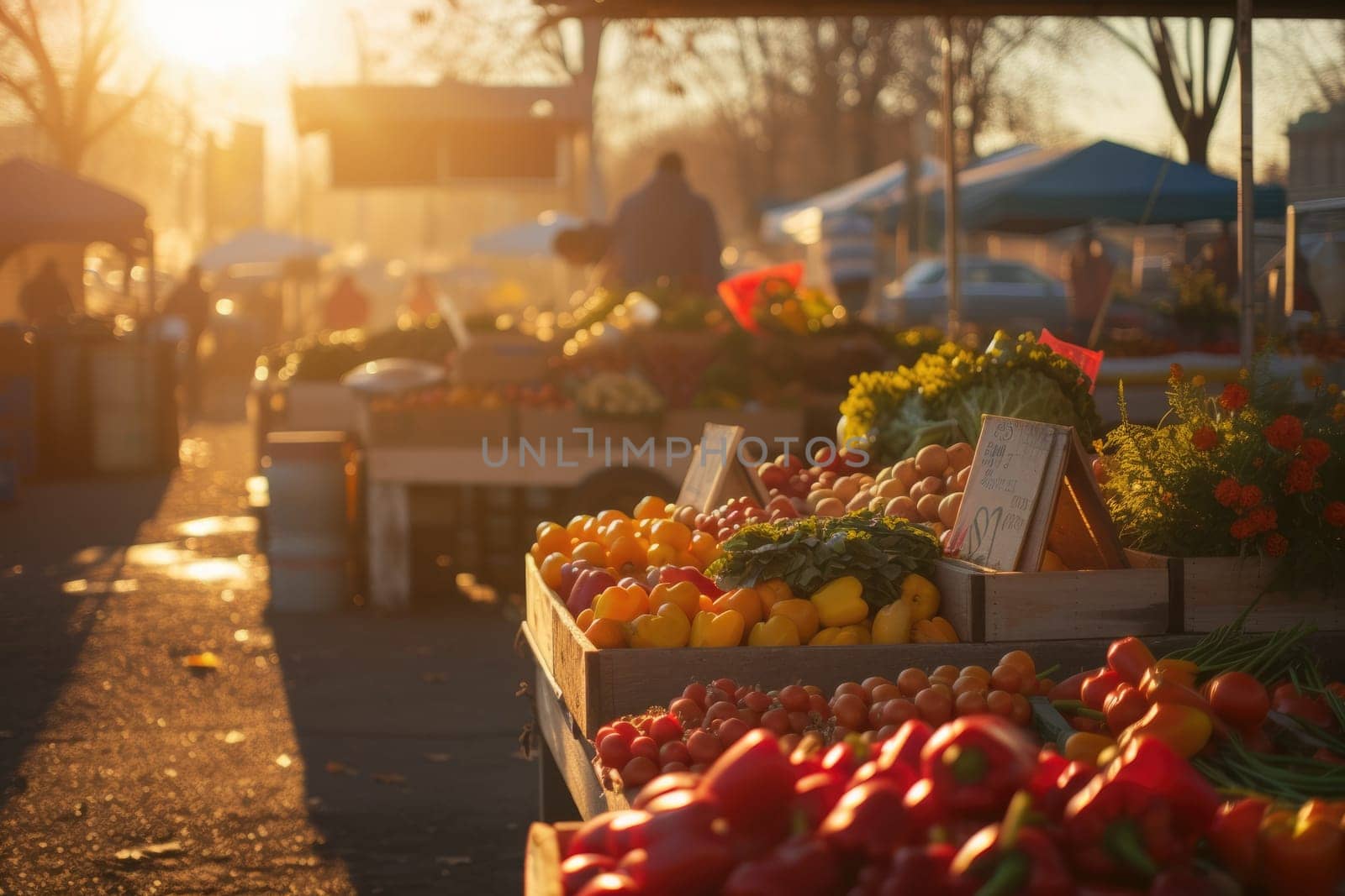 An early morning farmers market scene, bustling with vendors and customers, fresh produce on display, capturing the essence of local commerce and community. Resplendent.