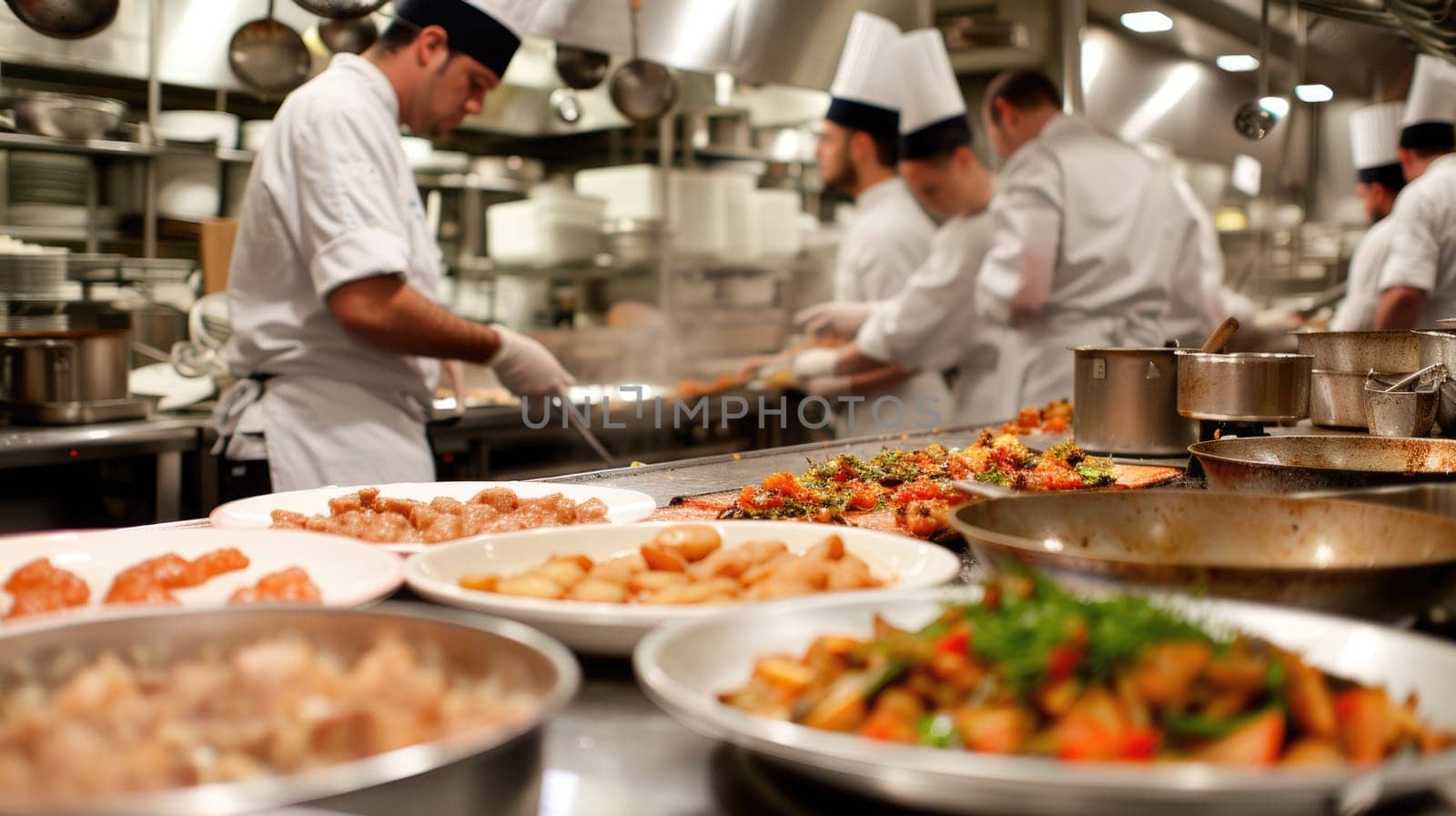Professional chefs in white uniforms are intensely preparing and plating dishes in the fast-paced environment of a commercial restaurant kitchen. Resplendent.