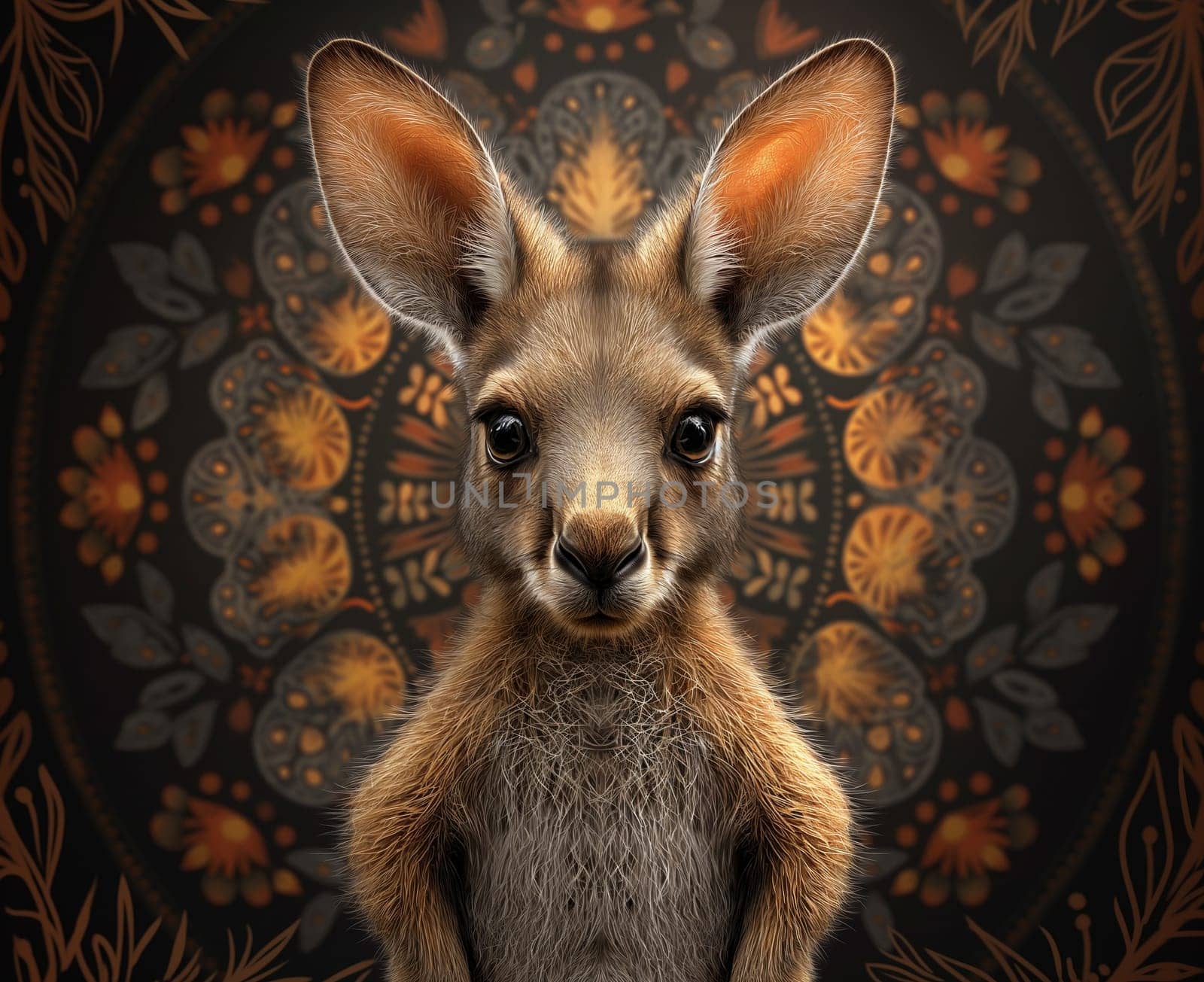A small kangaroo standing before a vibrant, multicolored backdrop. Selective focus.