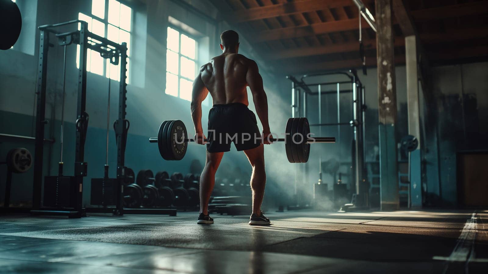 Shirtless Man Holding Barbell in Gym by chrisroll