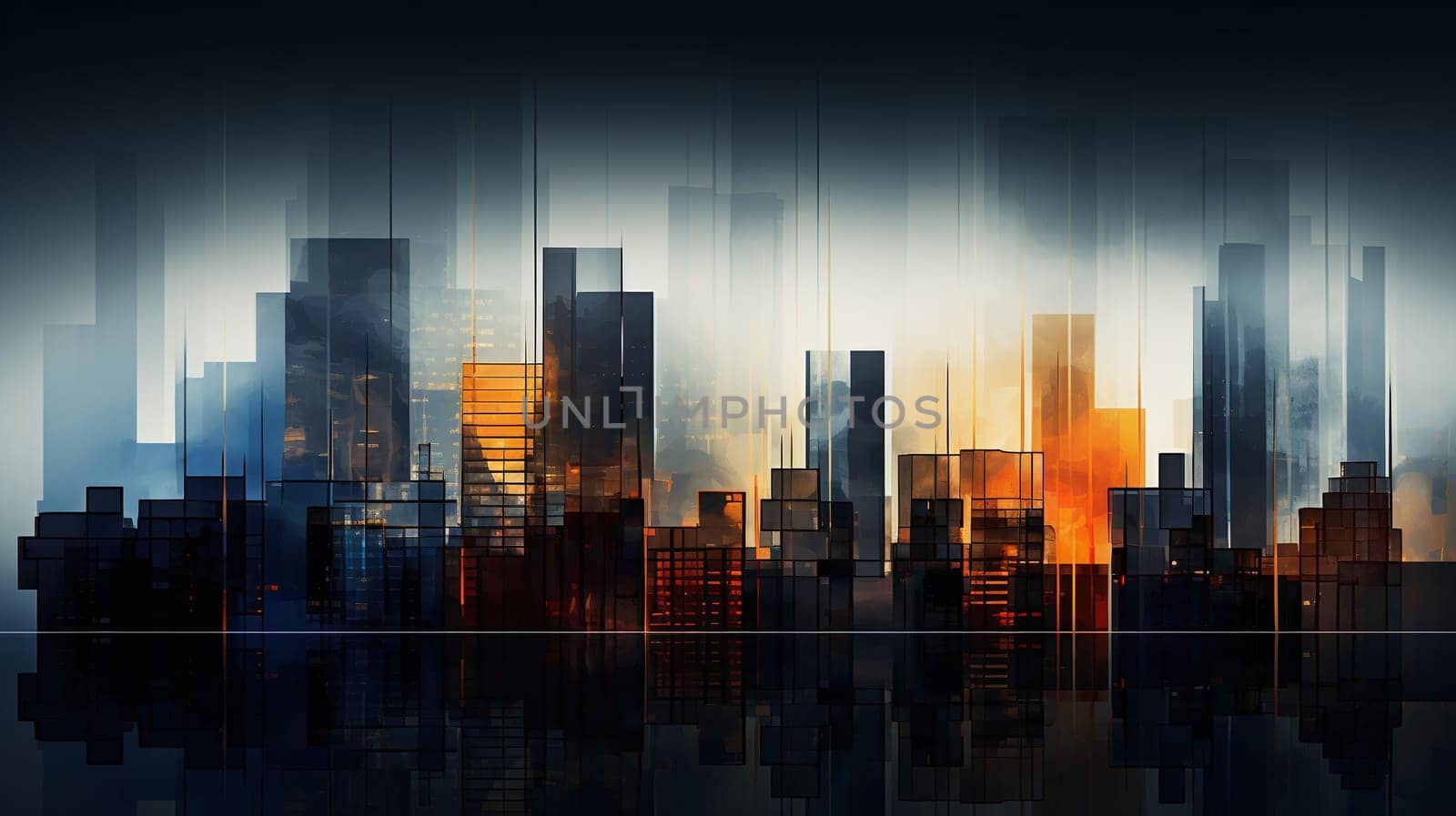 A vivid twilight cityscape reflected on a smooth surface, creating an abstract blend of skyscrapers in shades of blue and orange - Generative AI
