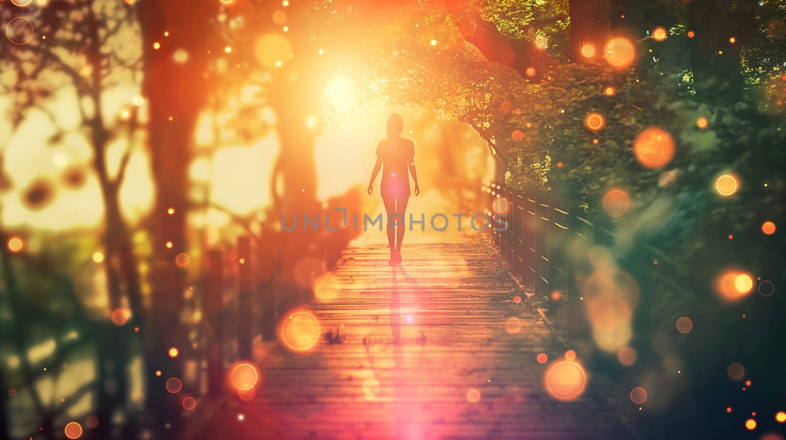 A person walks away from the camera on a wooden boardwalk surrounded by trees, bathed in the golden light of a setting sun - Generative AI