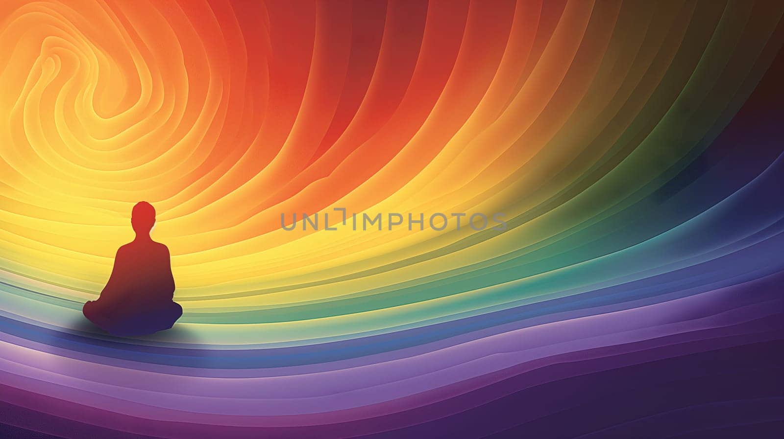 Meditative Silhouette Against Rainbow Swirl Background by chrisroll
