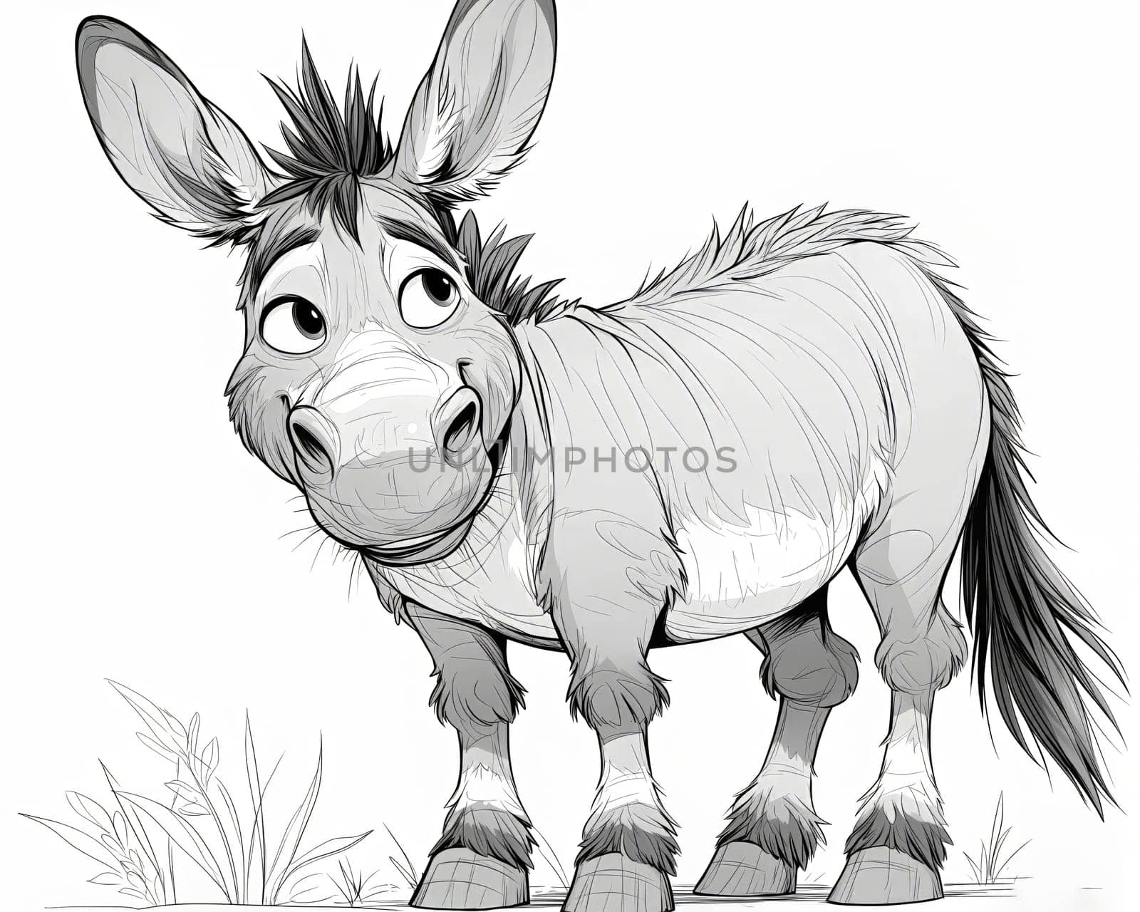 Black and white illustration for coloring animals, donkey. Selective soft focus.
