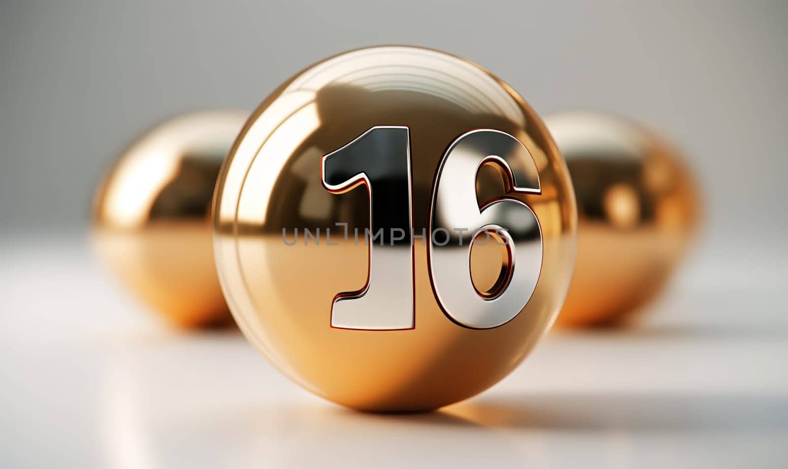 Golden ball with a number 16 on a white background. Selective focus.