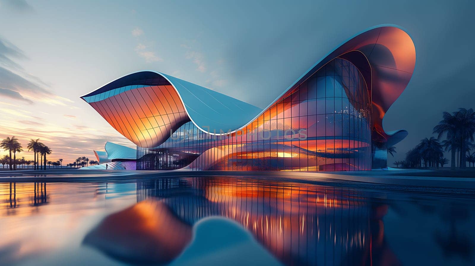 A contemporary architectural marvel bathed in the warm hues of twilight, with its smooth curves mirrored in the tranquil water - Generative AI